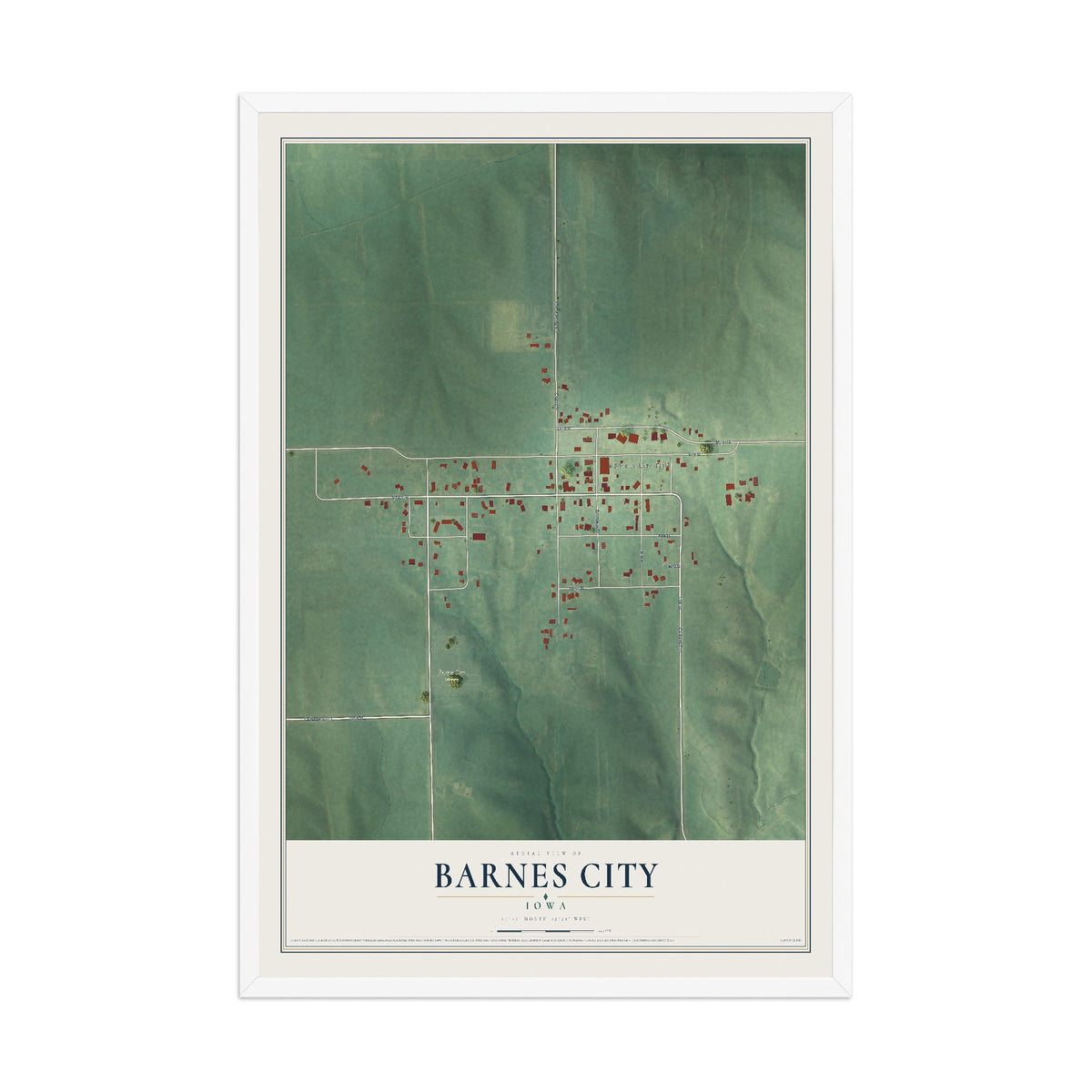 Map of Barnes City, Iowa, 12 x 18 inch print in a white wood frame