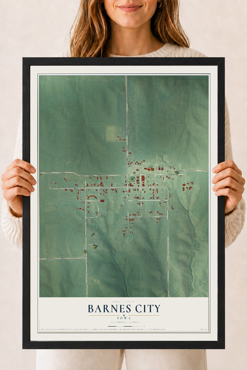 Map of Barnes City, Iowa, 18 x 24 inch print in a black wood frame