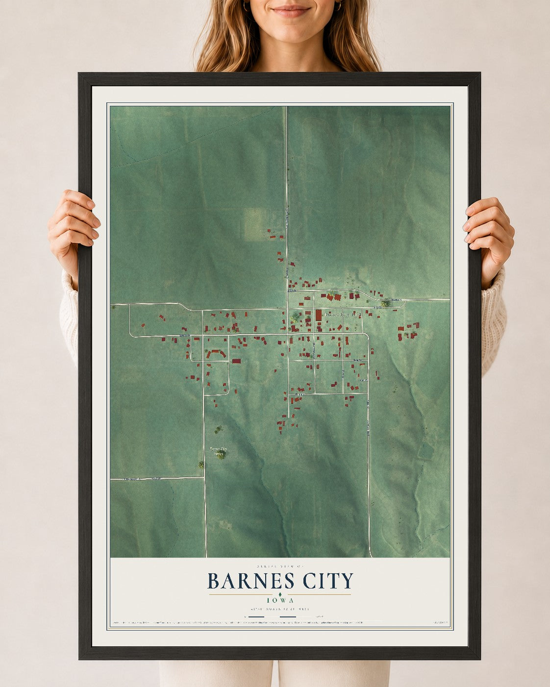 Map of Barnes City, Iowa, 24 x 36 inch print in a black wood frame