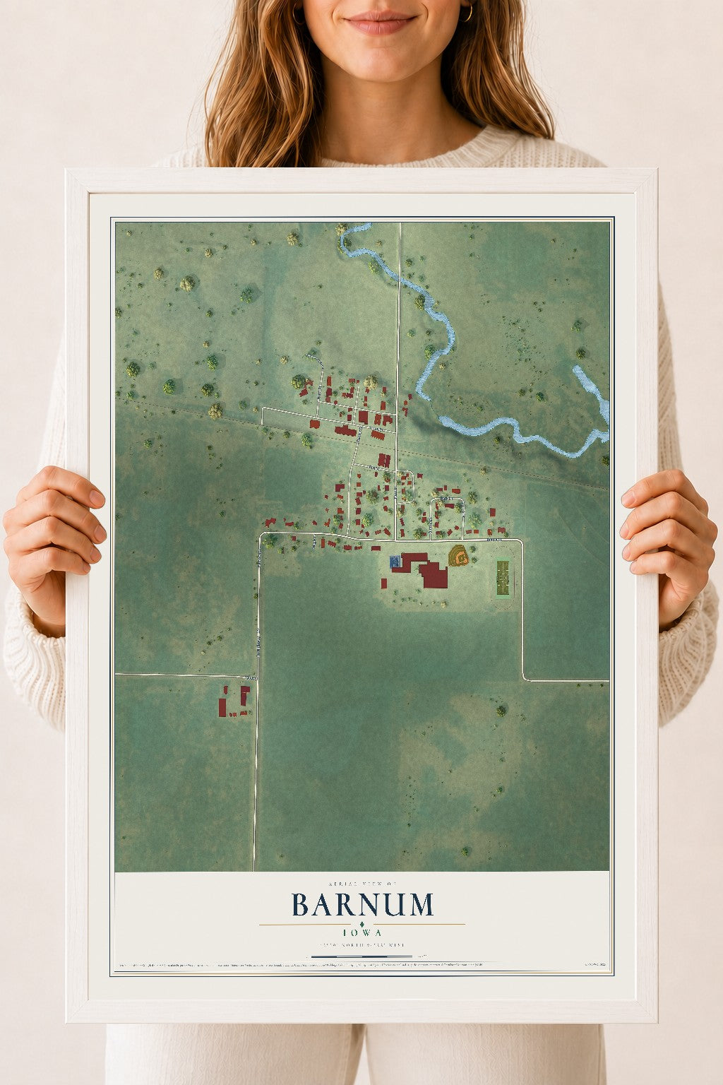 Map of Barnum, Iowa, 18 x 24 inch print in a white wood frame