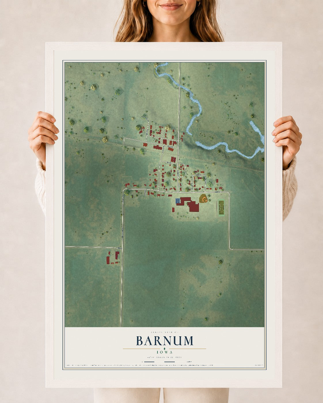 Map of Barnum, Iowa, 24 x 36 inch print in a white wood frame