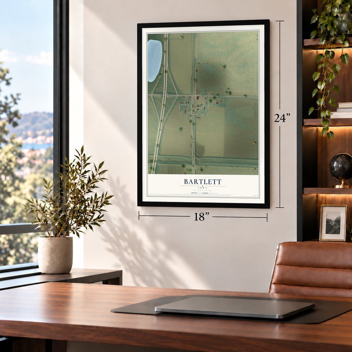 Bartlett, Iowa map, 18 x 24 inch print in a black frame in a home office