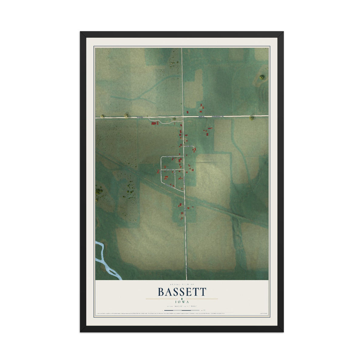 Map of Bassett, Iowa, 12 x 18 inch print in a black wood frame