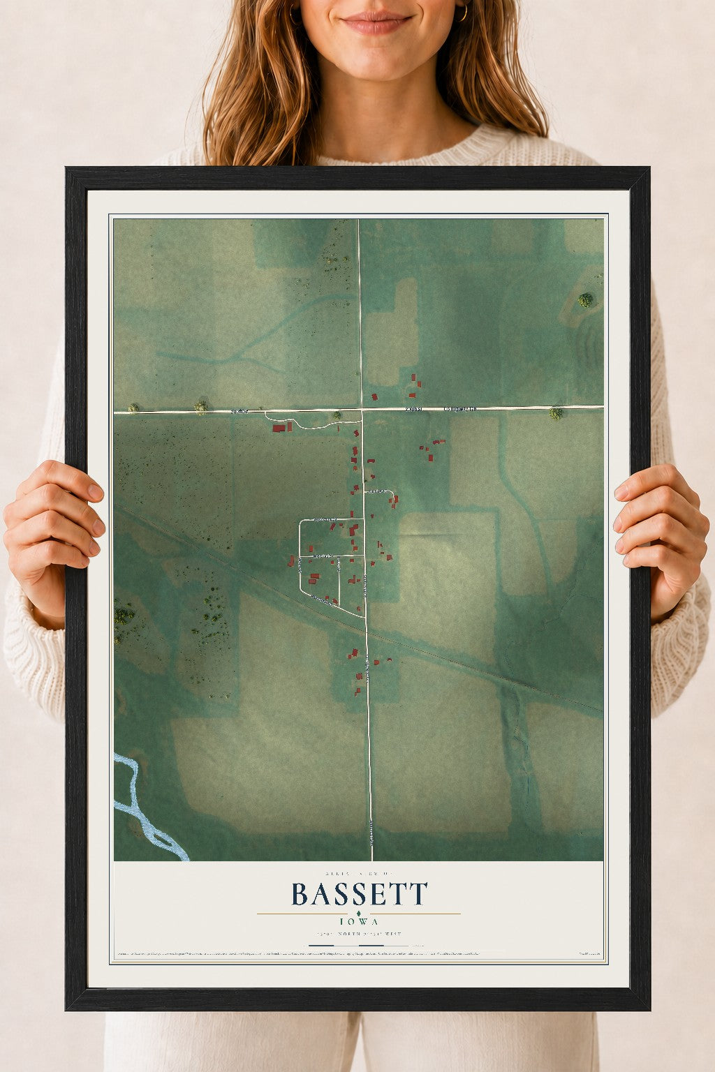 Map of Bassett, Iowa, 18 x 24 inch print in a black wood frame