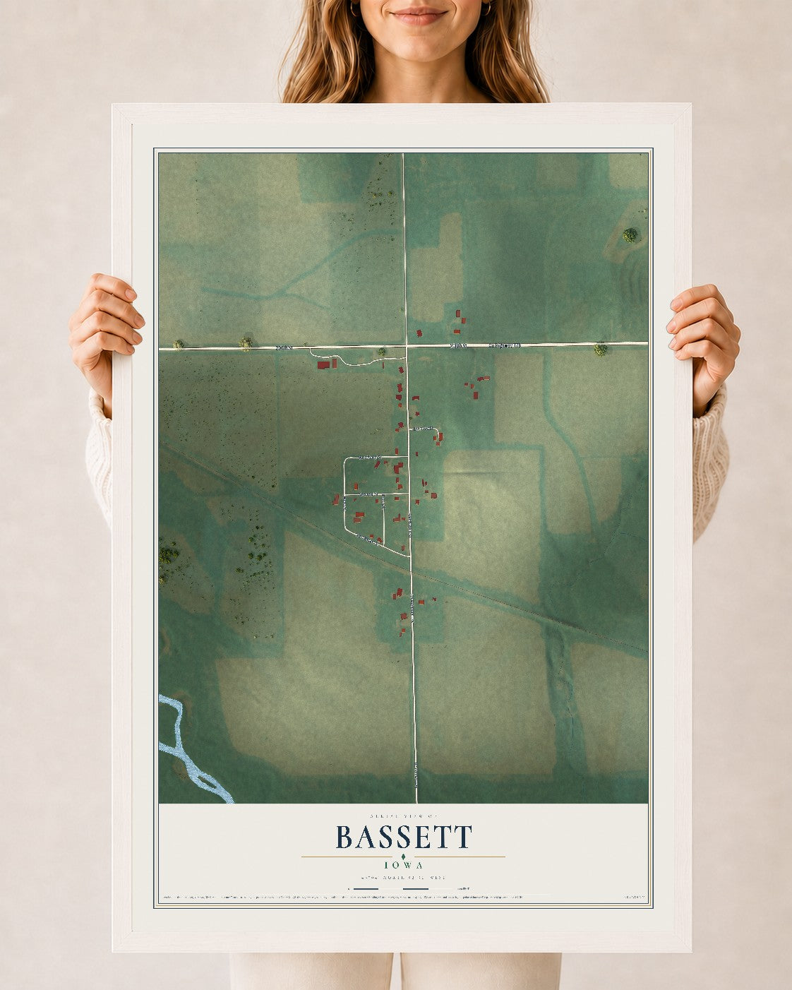 Map of Bassett, Iowa, 24 x 36 inch print in a white wood frame