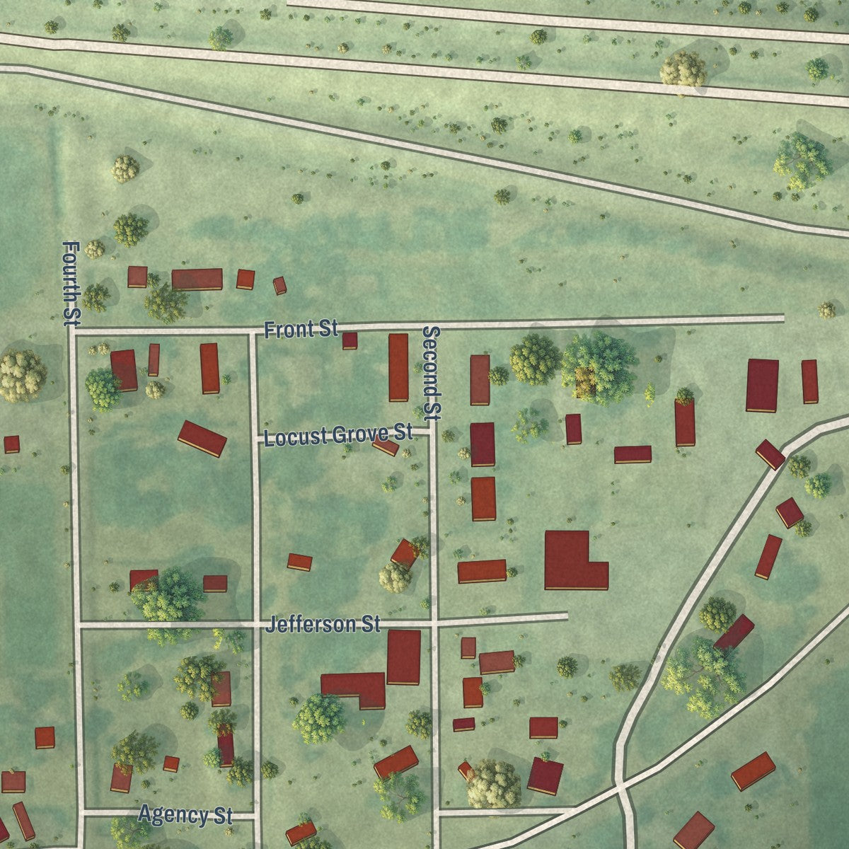 Second close-up of the map of Batavia, Iowa print showing more streets and buildings
