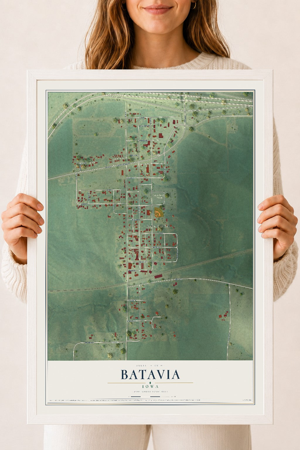 Map of Batavia, Iowa, 18 x 24 inch print in a white wood frame