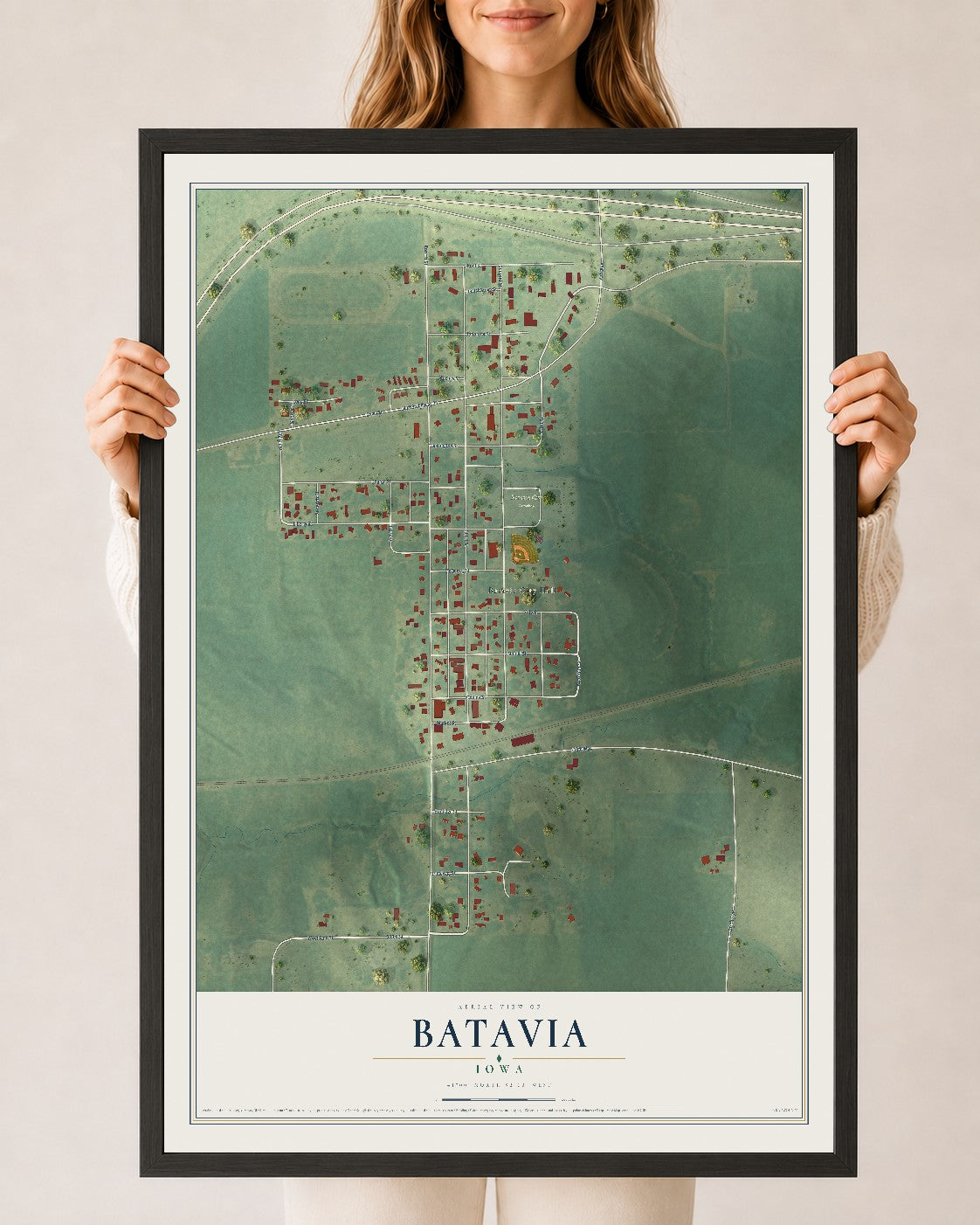 Map of Batavia, Iowa, 24 x 36 inch print in a black wood frame