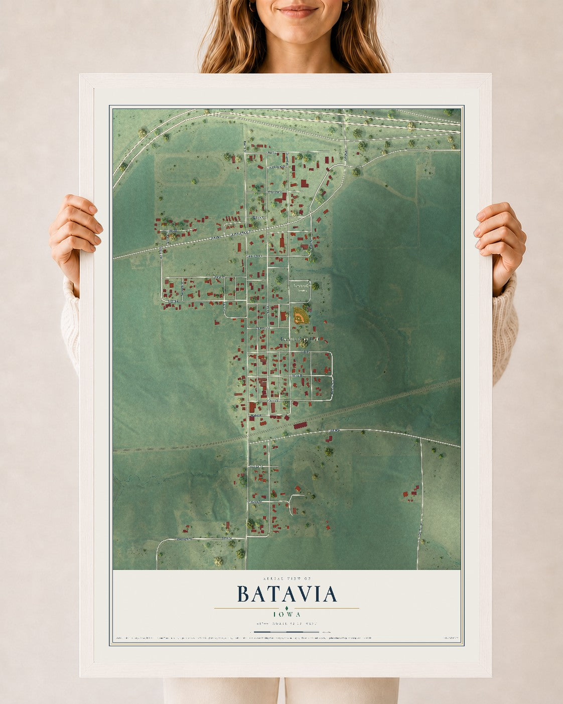 Map of Batavia, Iowa, 24 x 36 inch print in a white wood frame