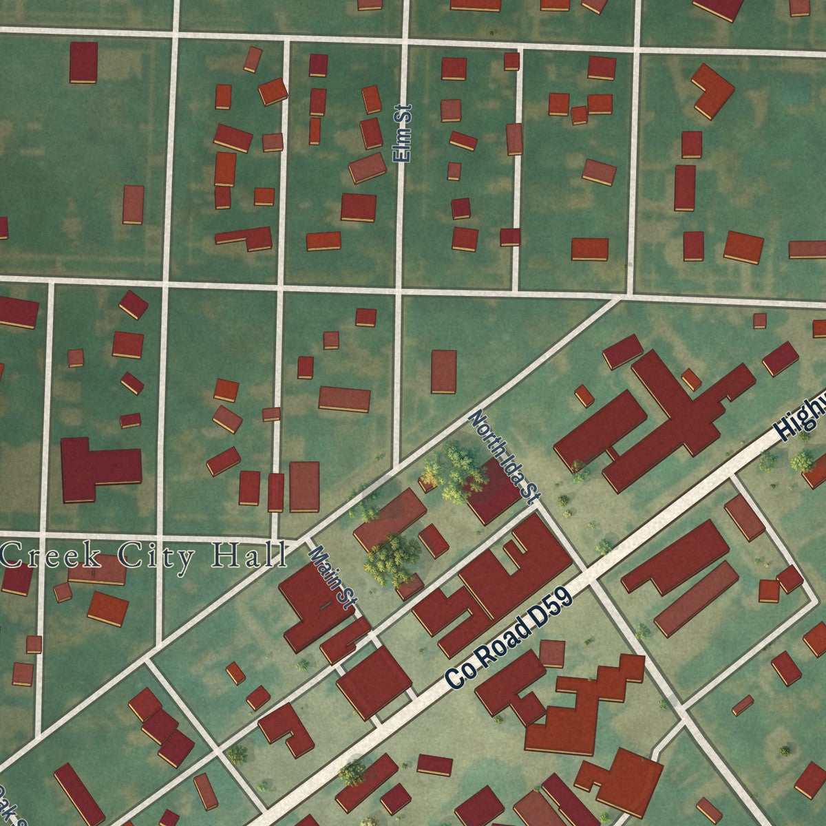 Close-up of the map of Battle Creek, Iowa print showing street and building detail