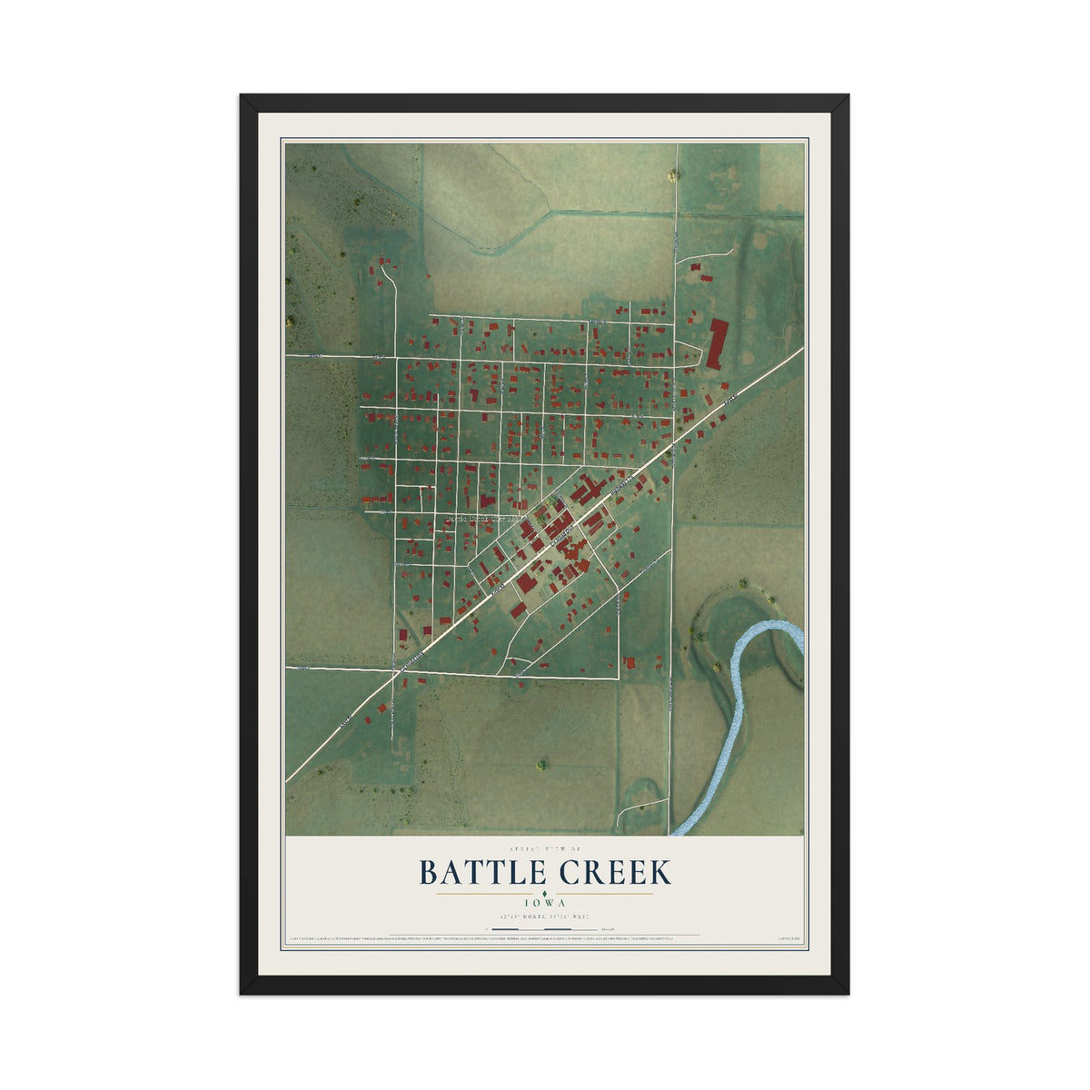 Map of Battle Creek, Iowa, 12 x 18 inch print in a black wood frame