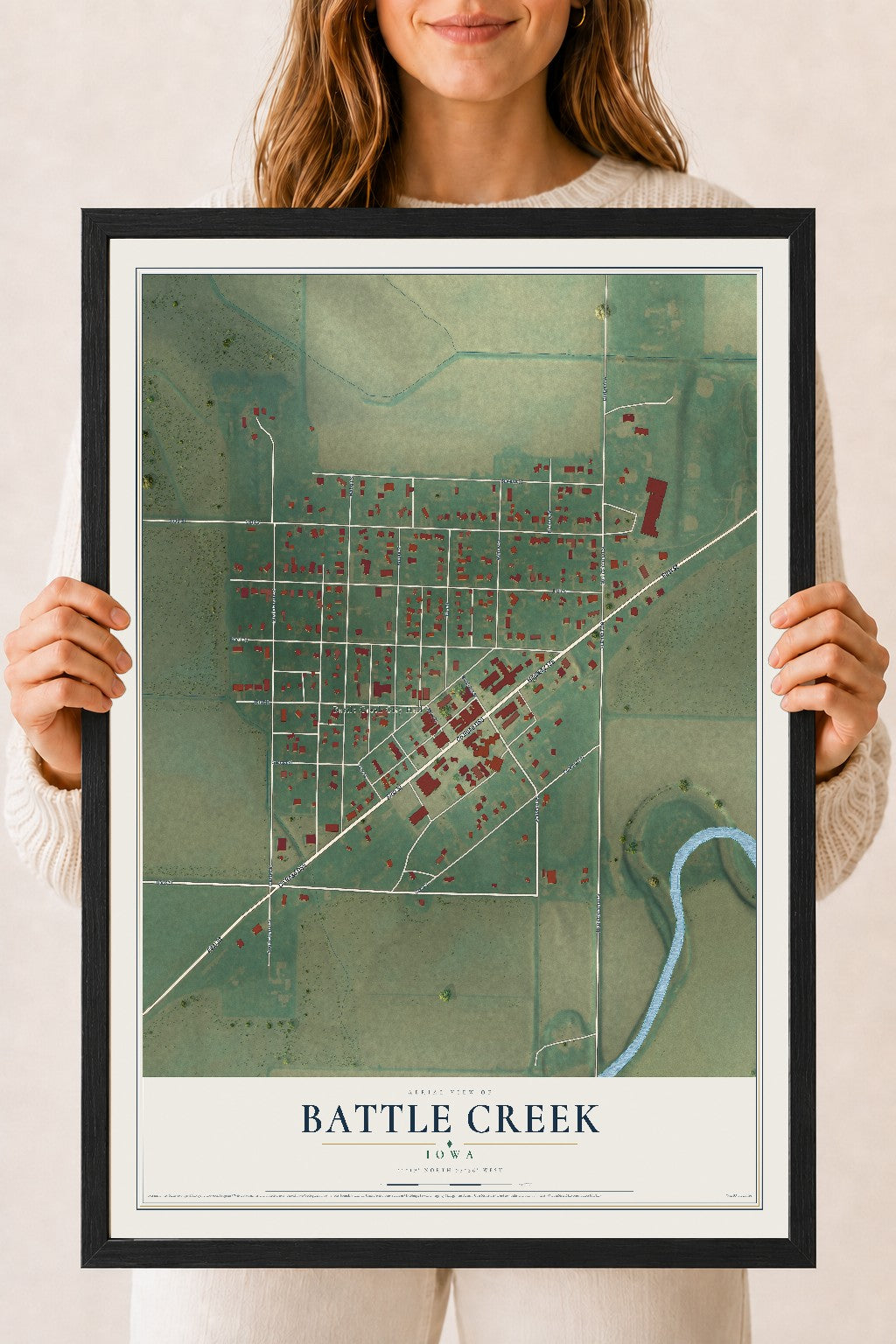 Map of Battle Creek, Iowa, 18 x 24 inch print in a black wood frame