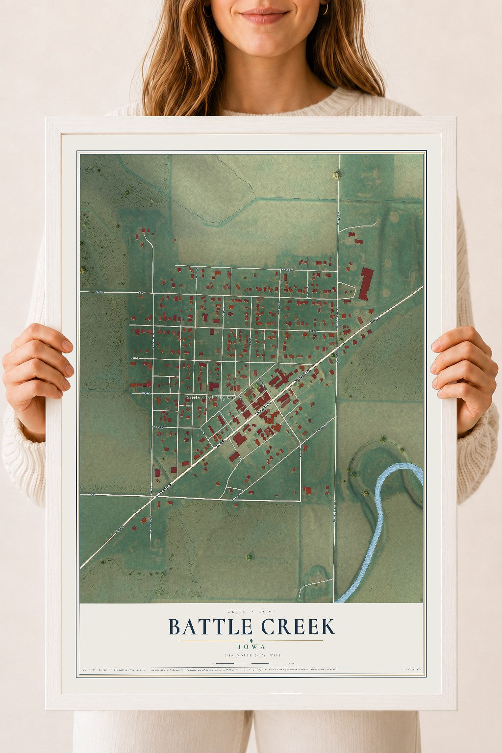 Map of Battle Creek, Iowa, 18 x 24 inch print in a white wood frame