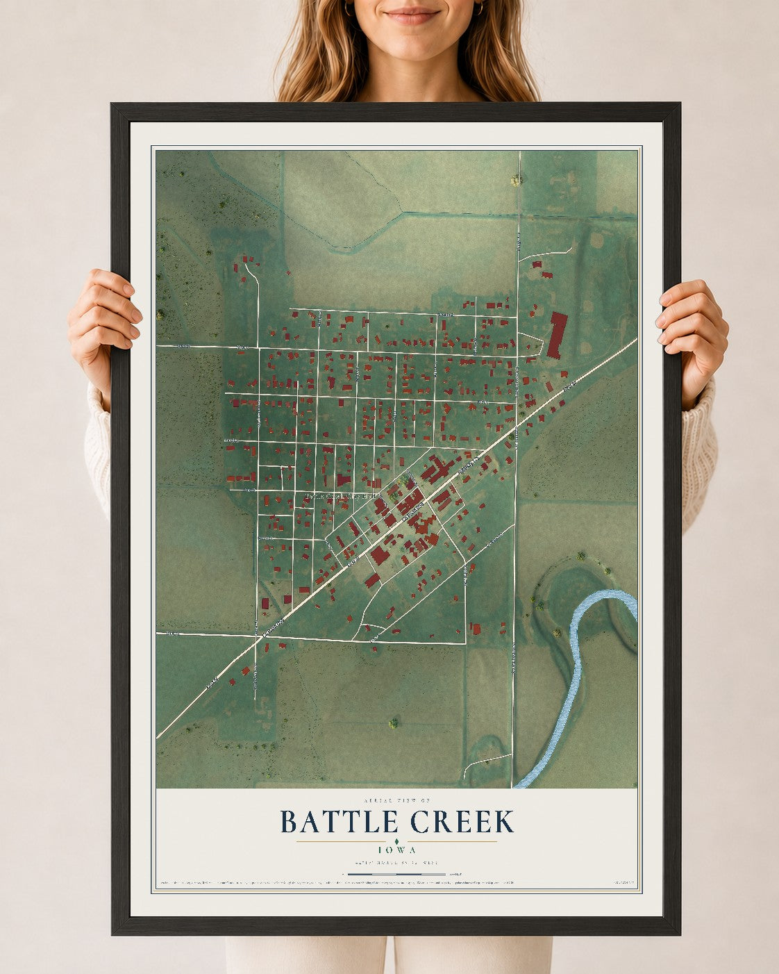 Map of Battle Creek, Iowa, 24 x 36 inch print in a black wood frame