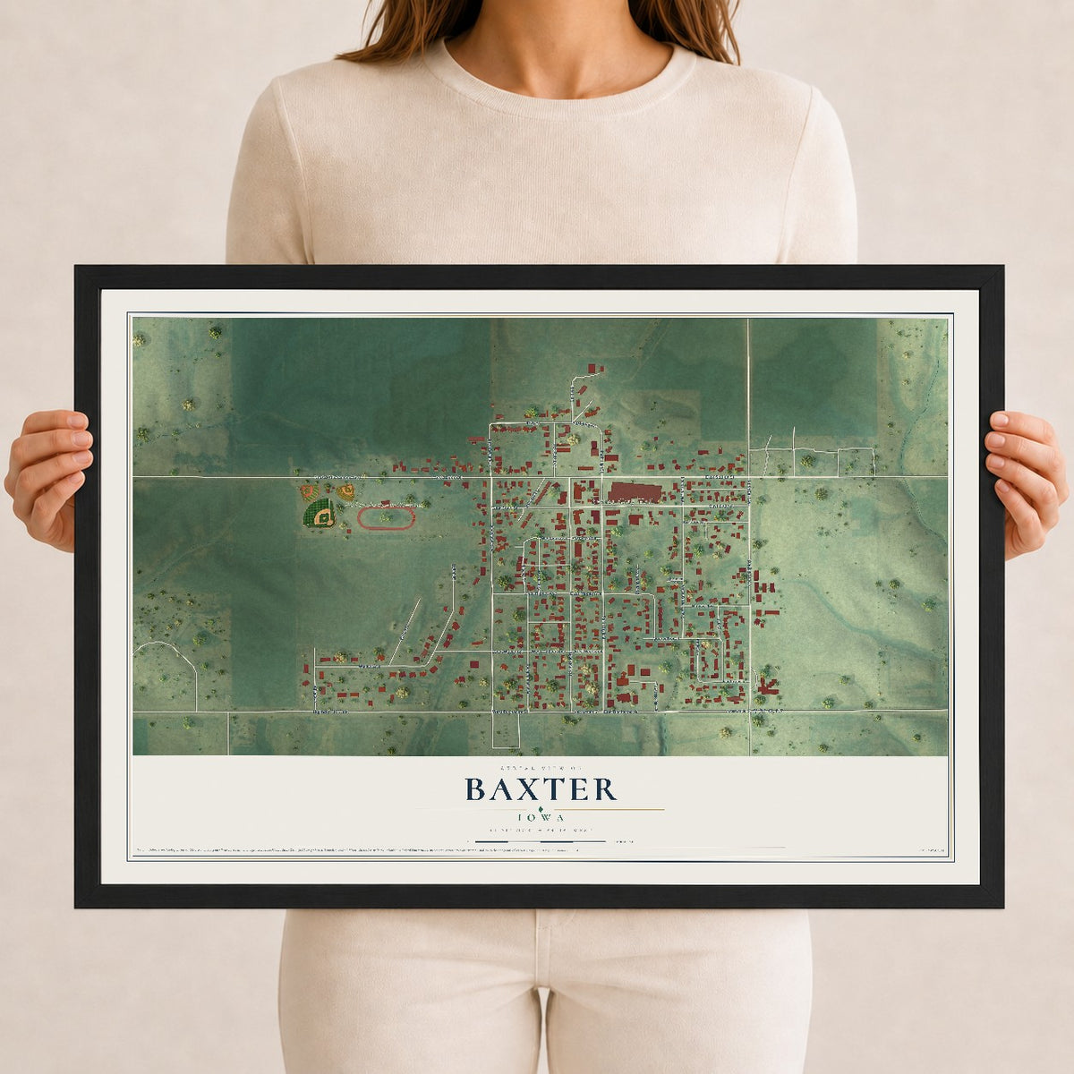 Map of Baxter, Iowa, 12 x 18 inch print in a black wood frame