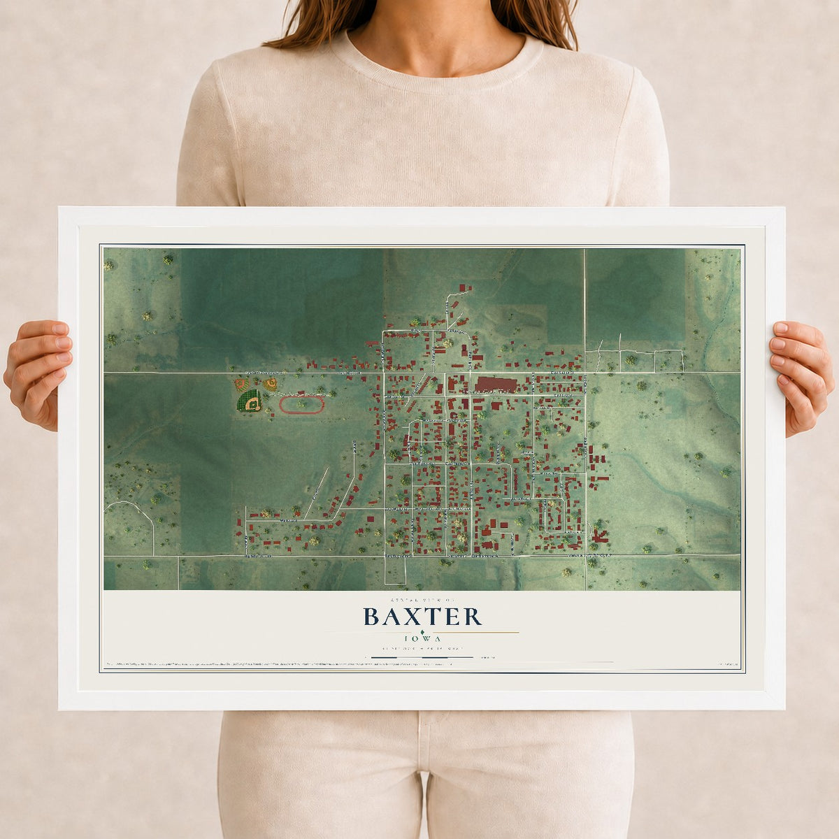 Map of Baxter, Iowa, 12 x 18 inch print in a white wood frame