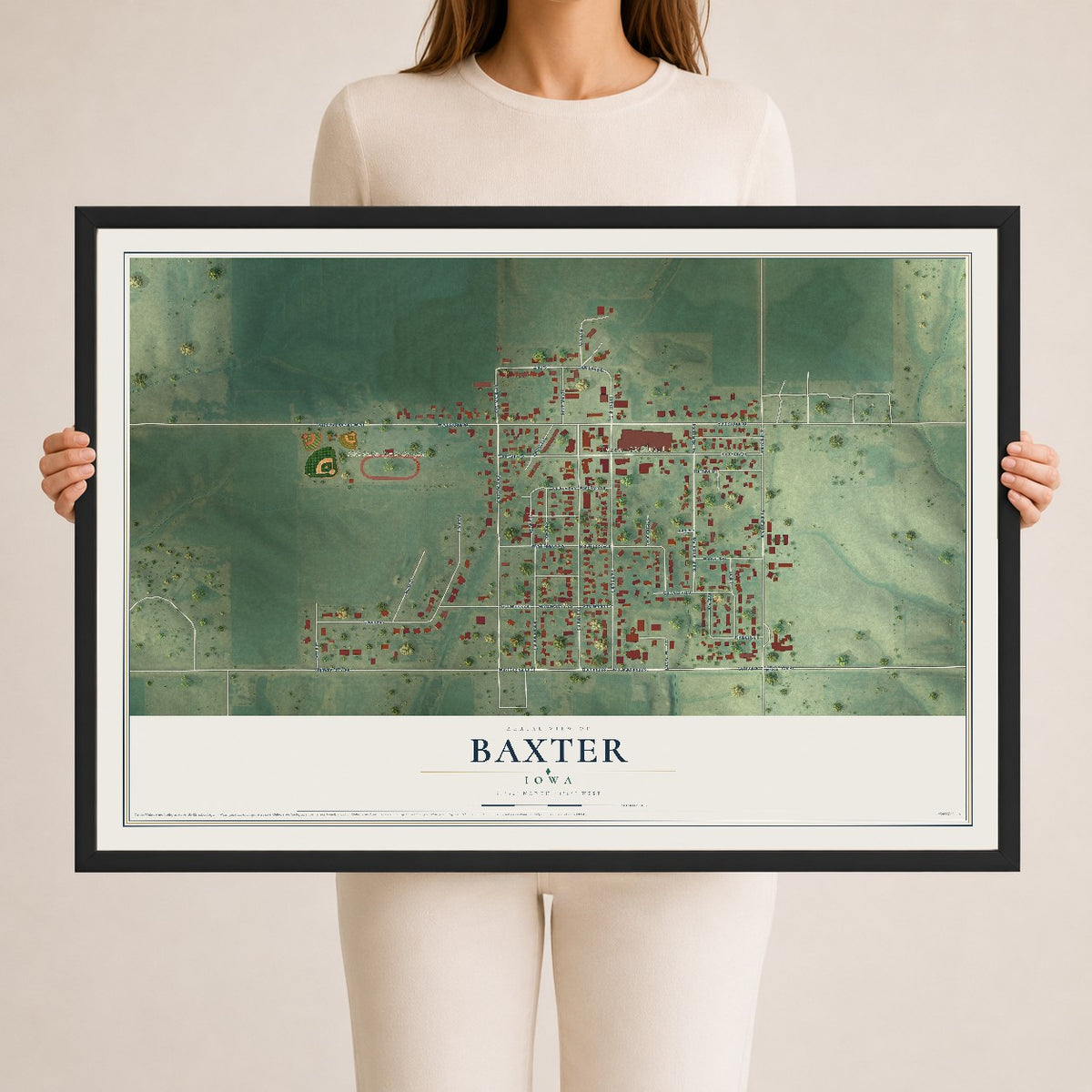 Map of Baxter, Iowa, 24 x 36 inch print in a black wood frame