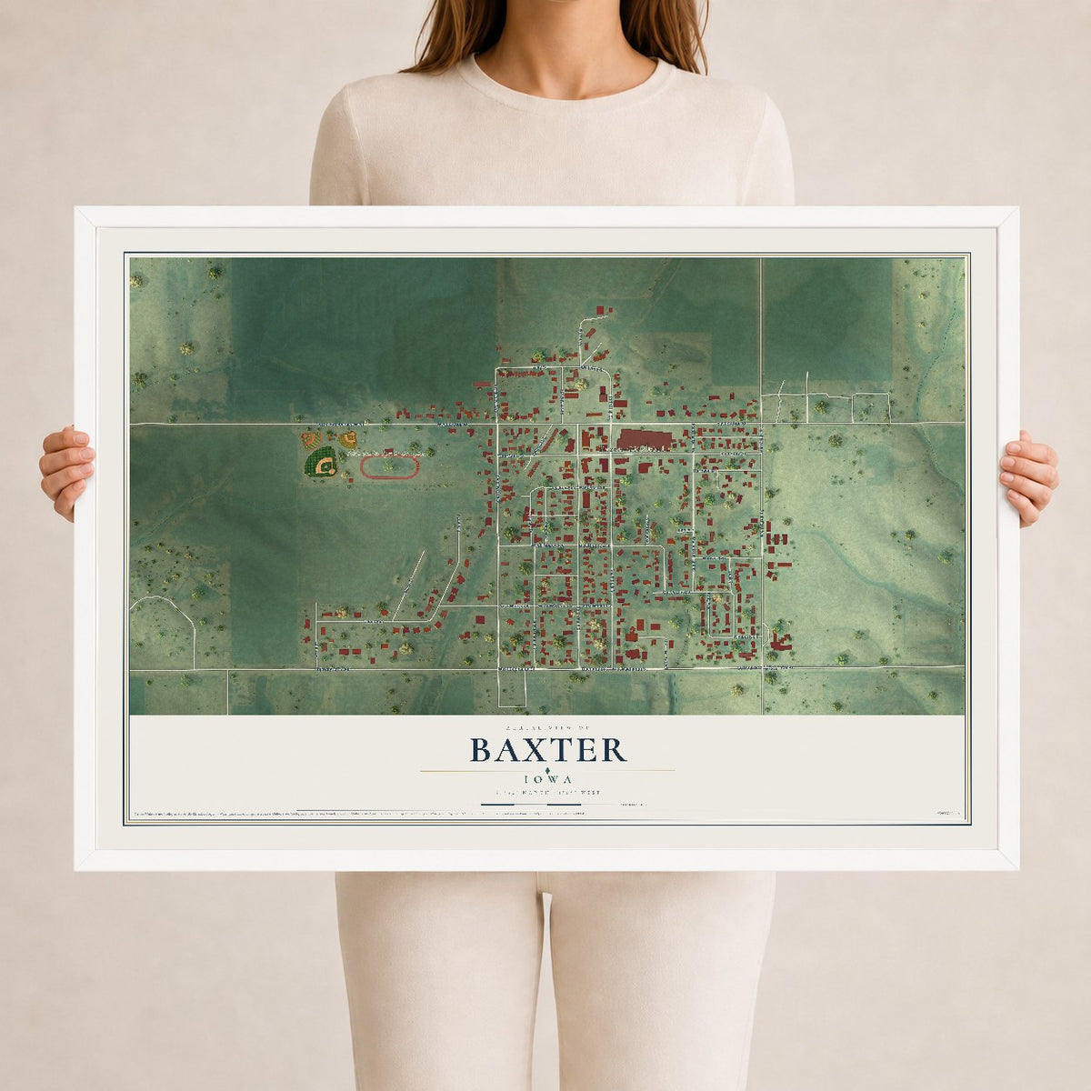 Map of Baxter, Iowa, 24 x 36 inch print in a white wood frame