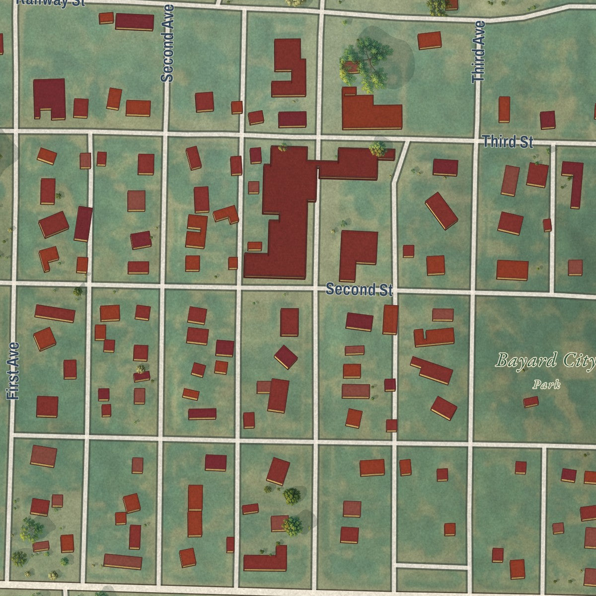 Close-up of the map of Bayard, Iowa print showing street and building detail