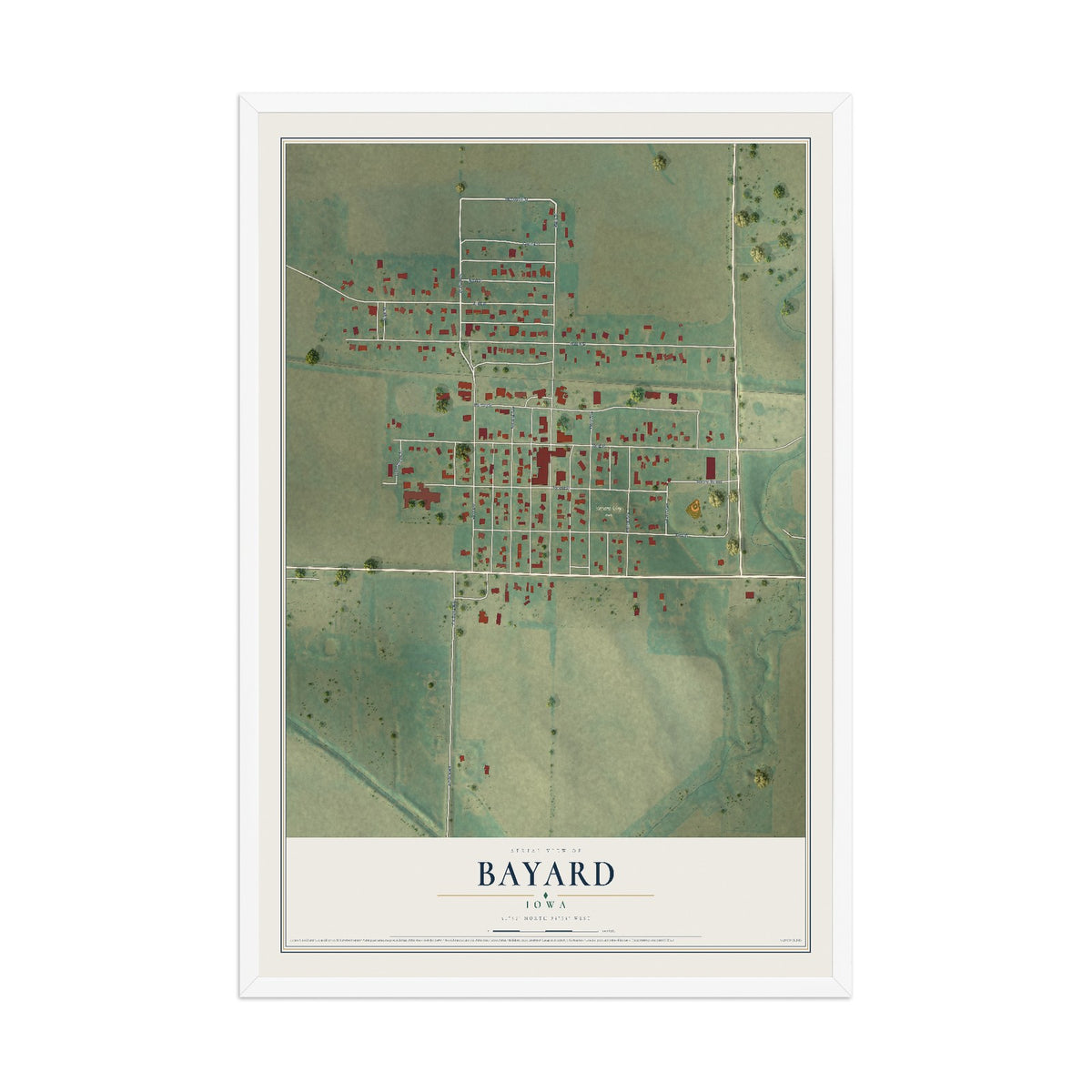 Map of Bayard, Iowa, 12 x 18 inch print in a white wood frame