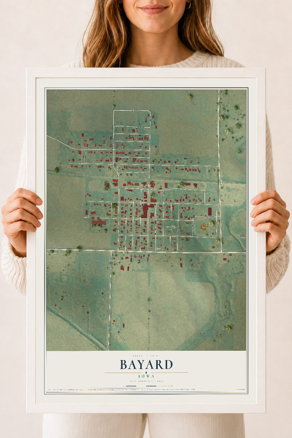 Map of Bayard, Iowa, 18 x 24 inch print in a white wood frame