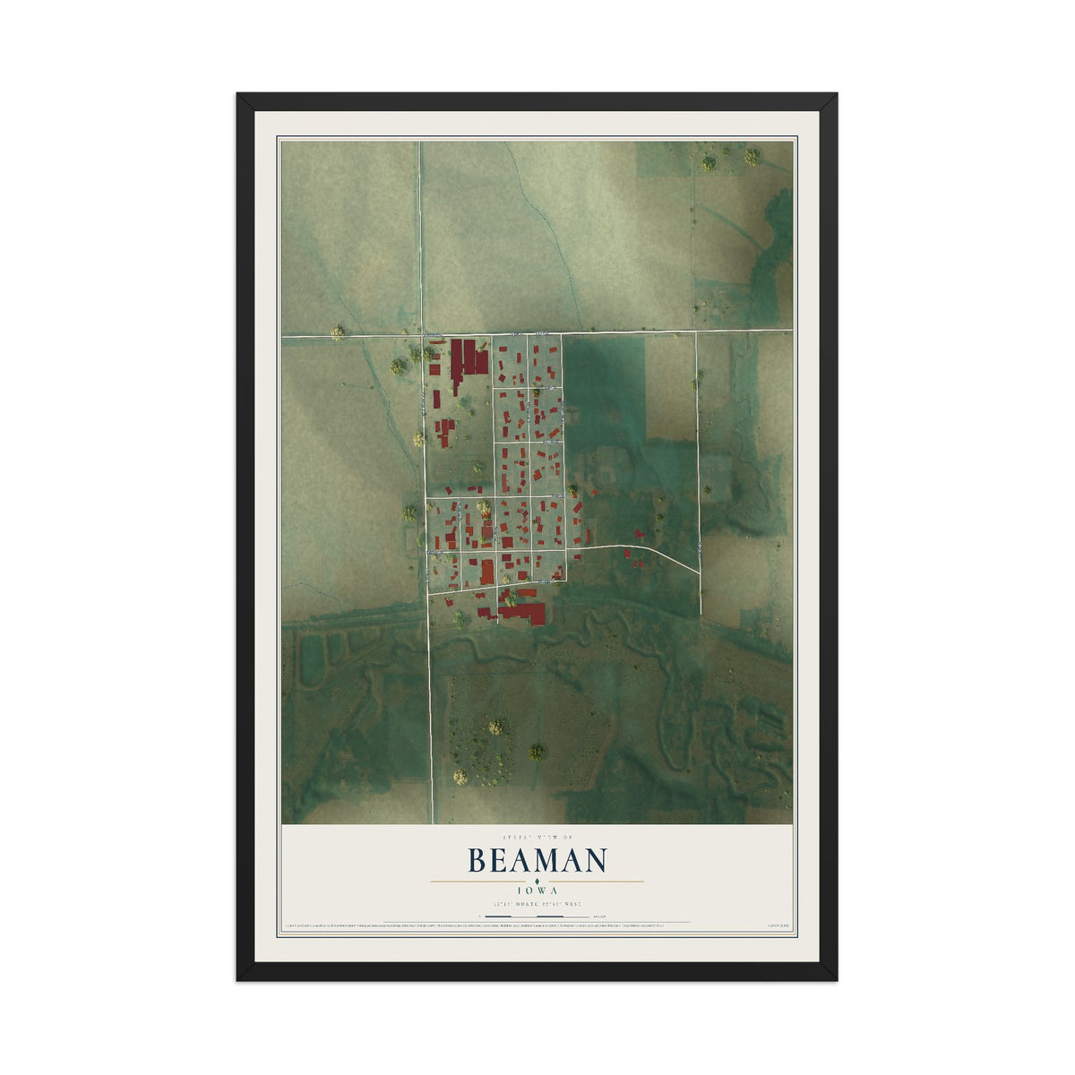 Map of Beaman, Iowa, 12 x 18 inch print in a black wood frame