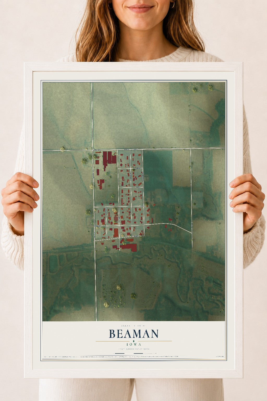 Map of Beaman, Iowa, 18 x 24 inch print in a white wood frame