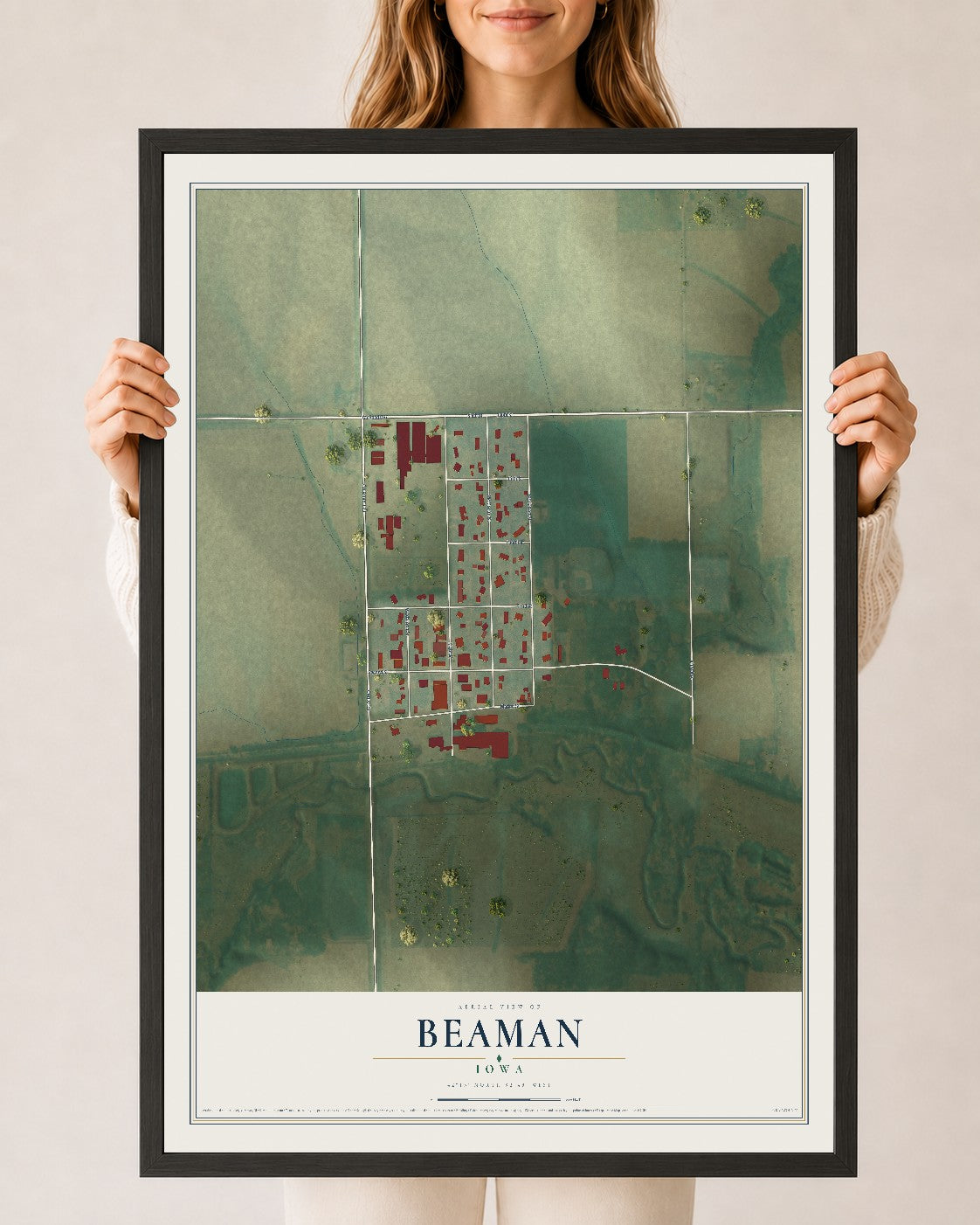 Map of Beaman, Iowa, 24 x 36 inch print in a black wood frame