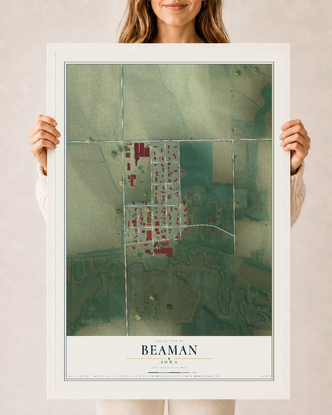 Map of Beaman, Iowa, 24 x 36 inch print in a white wood frame