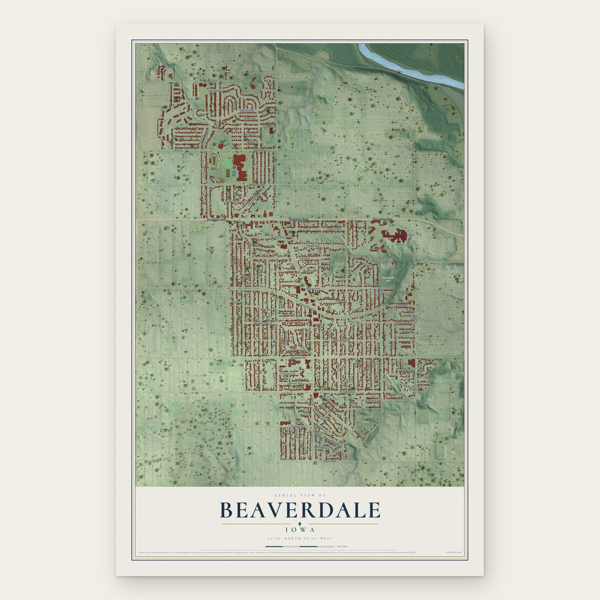 Beaverdale, Des Moines, Iowa map print, the full design