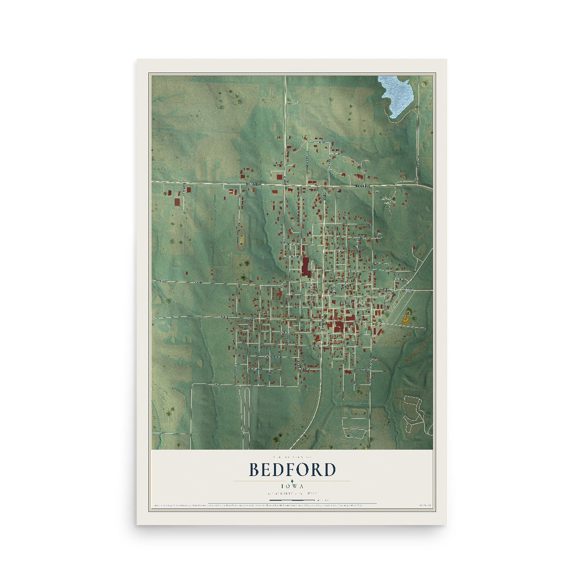 Map of Bedford, Iowa, 12 x 18 inch unframed archival matte print