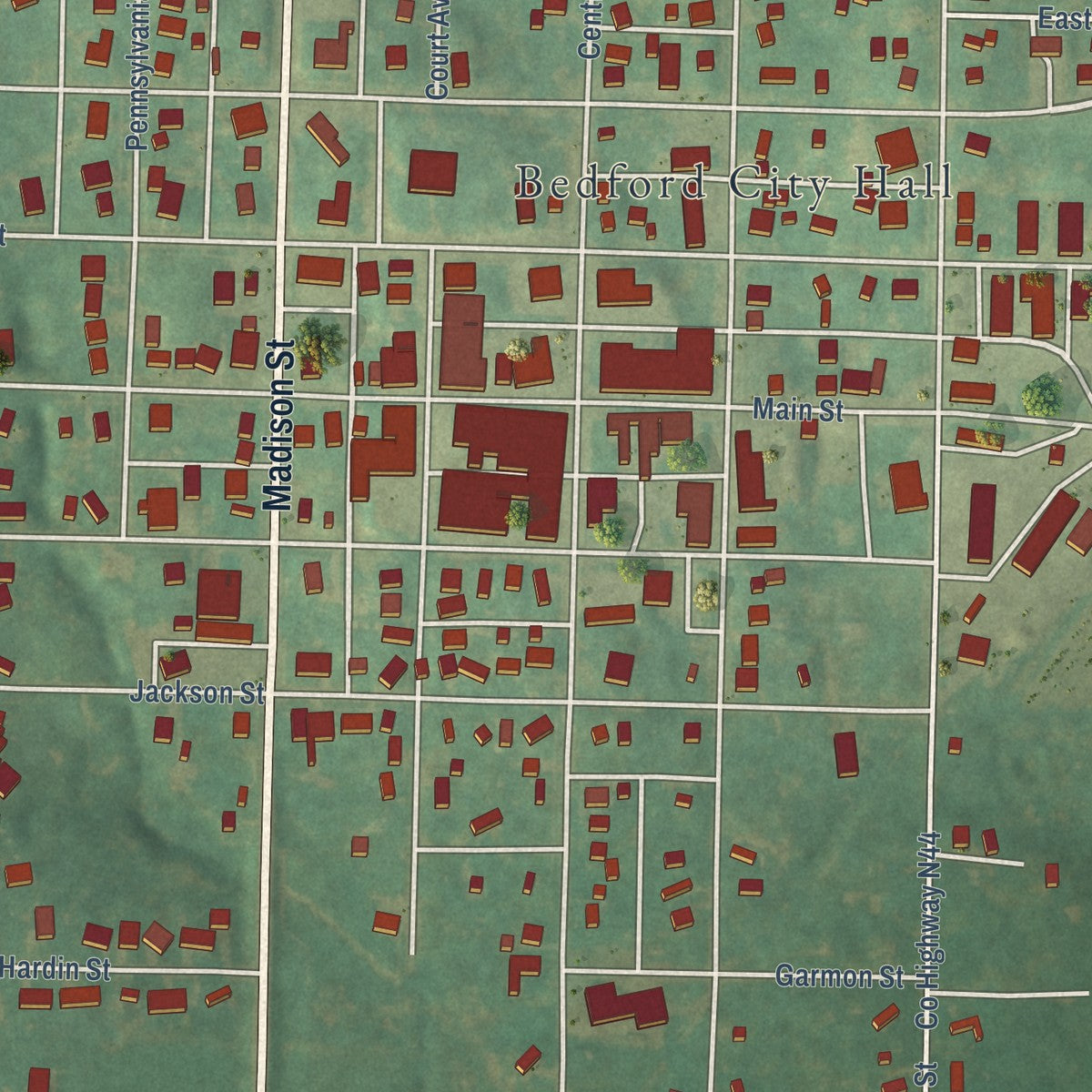 Close-up of the map of Bedford, Iowa print showing street and building detail