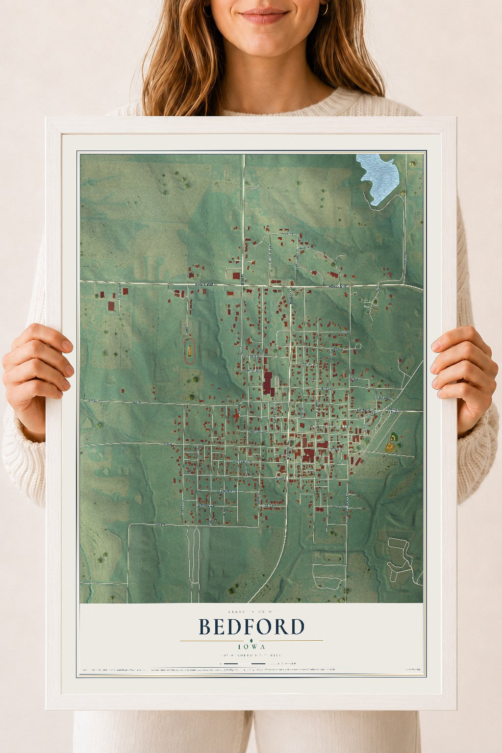Map of Bedford, Iowa, 18 x 24 inch print in a white wood frame