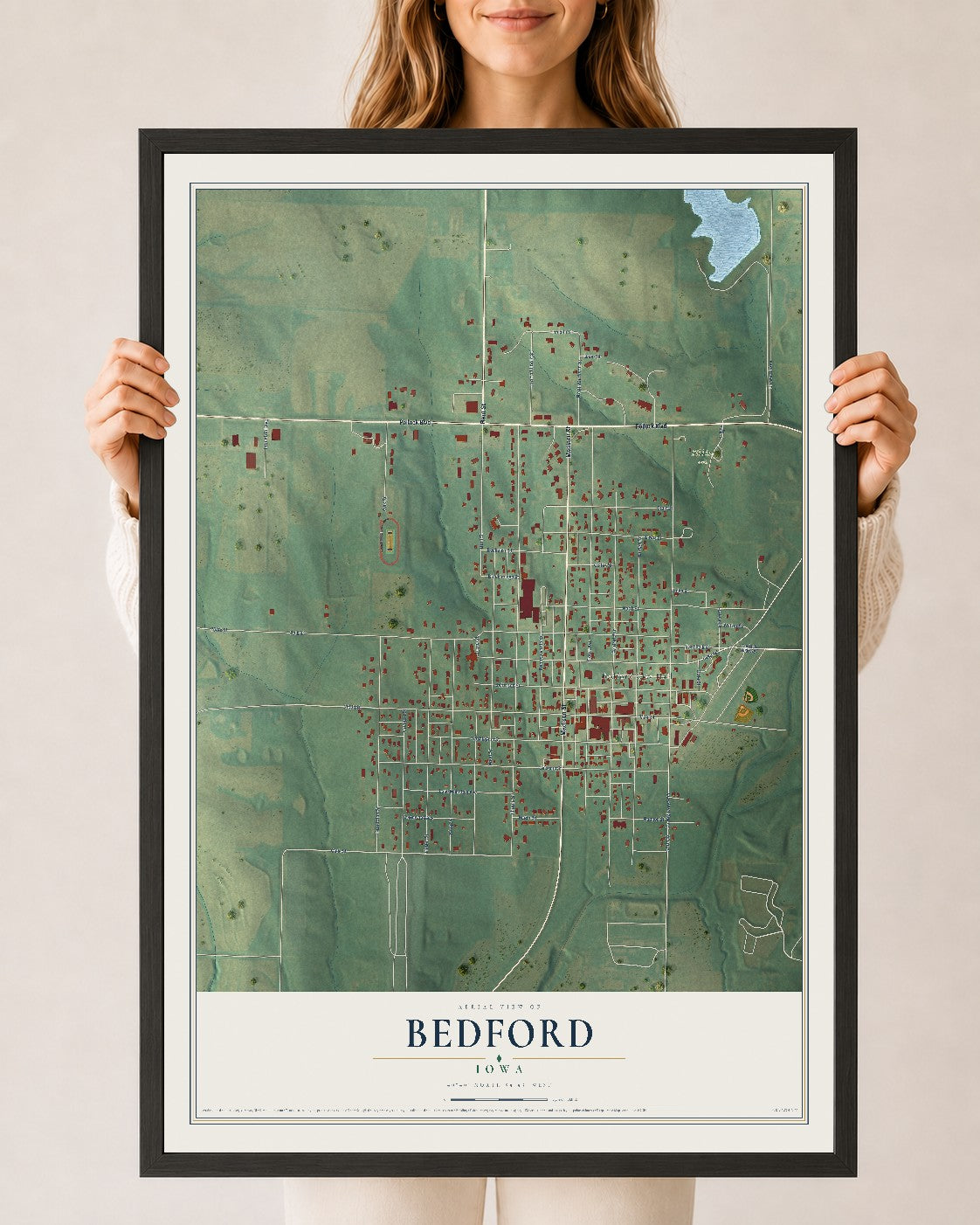 Map of Bedford, Iowa, 24 x 36 inch print in a black wood frame
