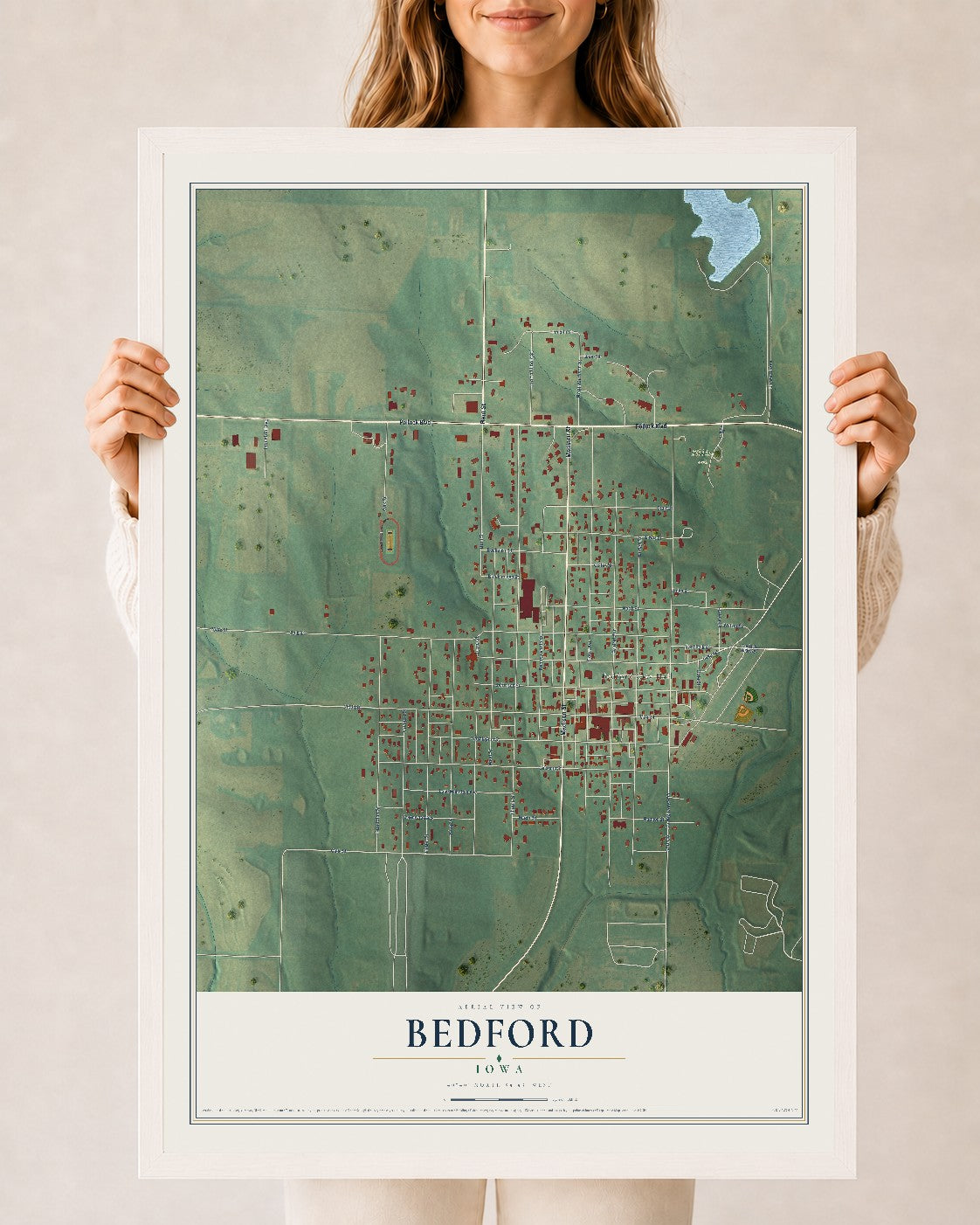 Map of Bedford, Iowa, 24 x 36 inch print in a white wood frame