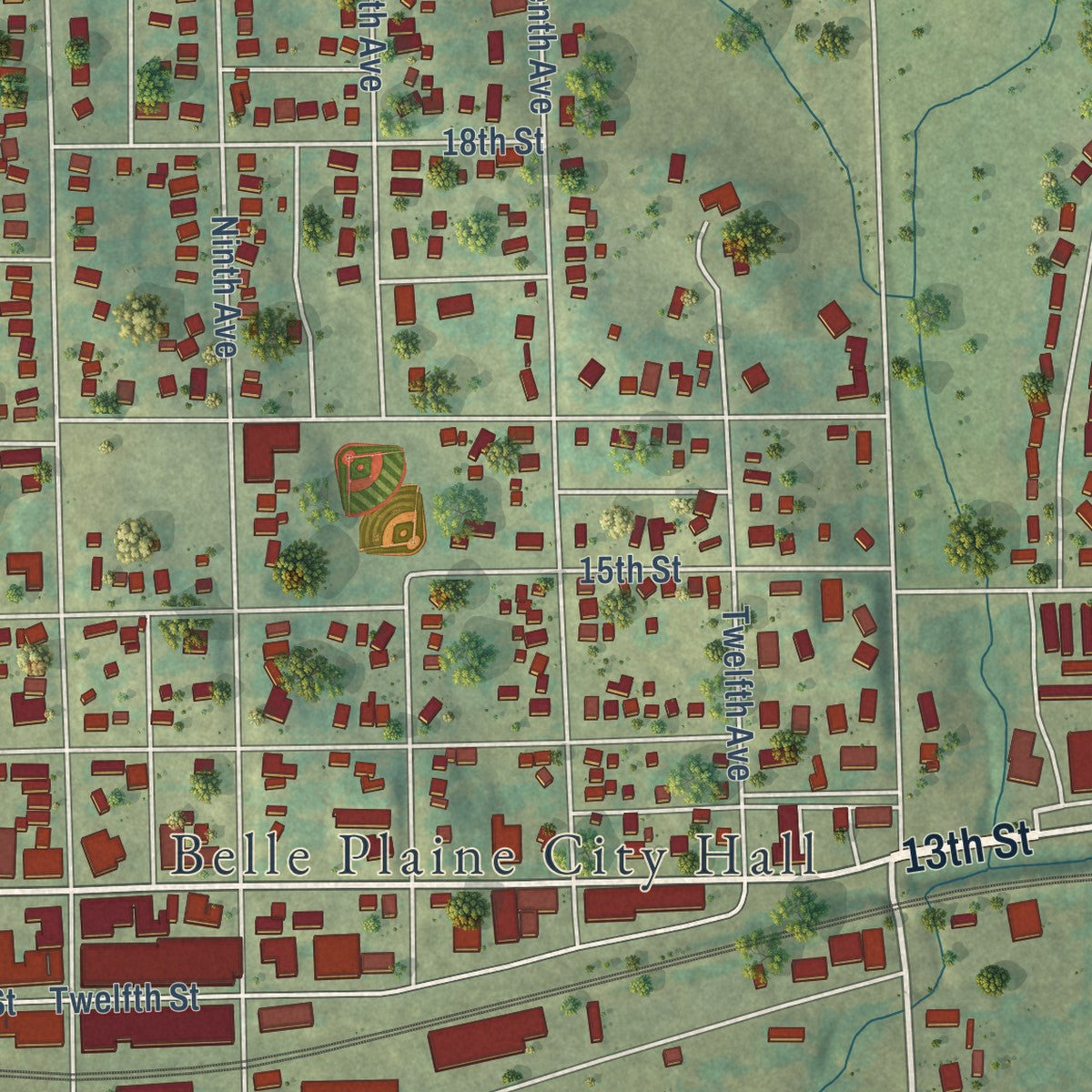 Close-up of the map of Belle Plaine, Iowa print showing street and building detail