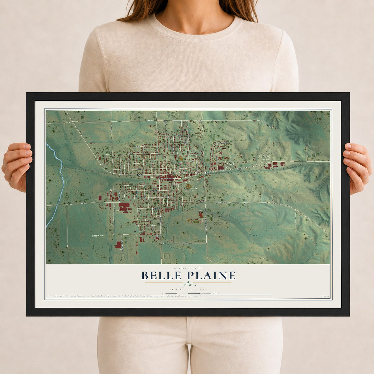 Map of Belle Plaine, Iowa, 12 x 18 inch print in a black wood frame