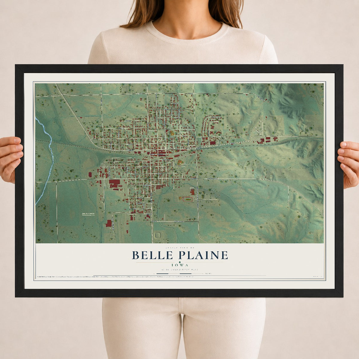 Map of Belle Plaine, Iowa, 18 x 24 inch print in a black wood frame