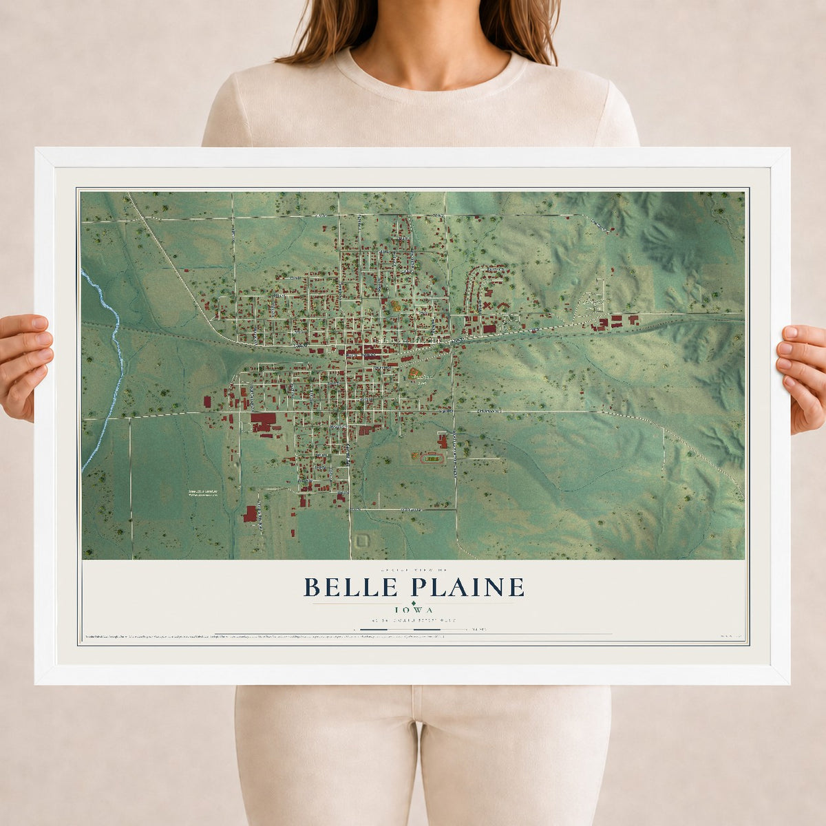 Map of Belle Plaine, Iowa, 18 x 24 inch print in a white wood frame