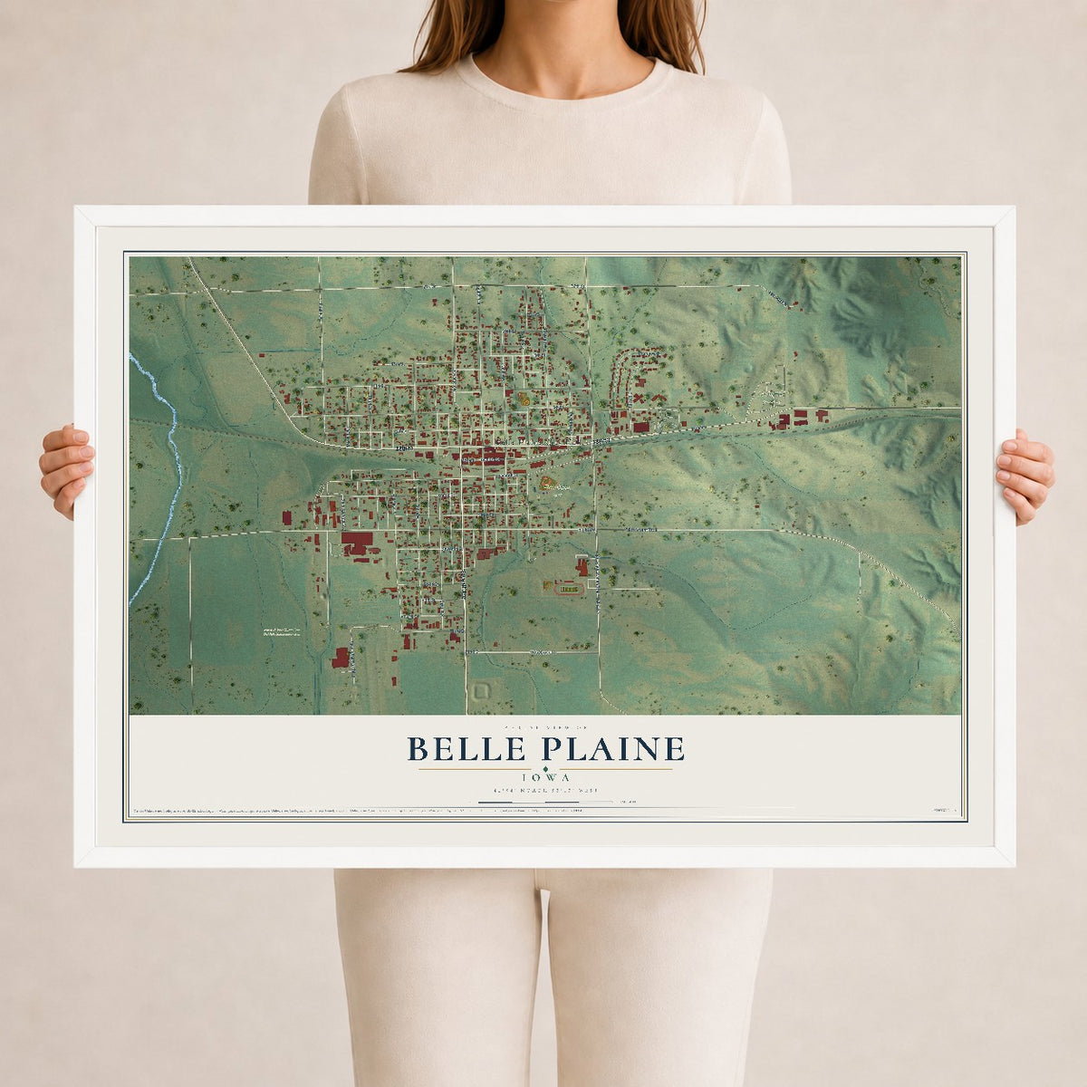 Map of Belle Plaine, Iowa, 24 x 36 inch print in a white wood frame
