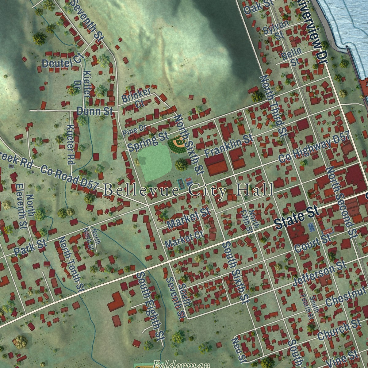 Close-up of the map of Bellevue, Iowa print showing street and building detail