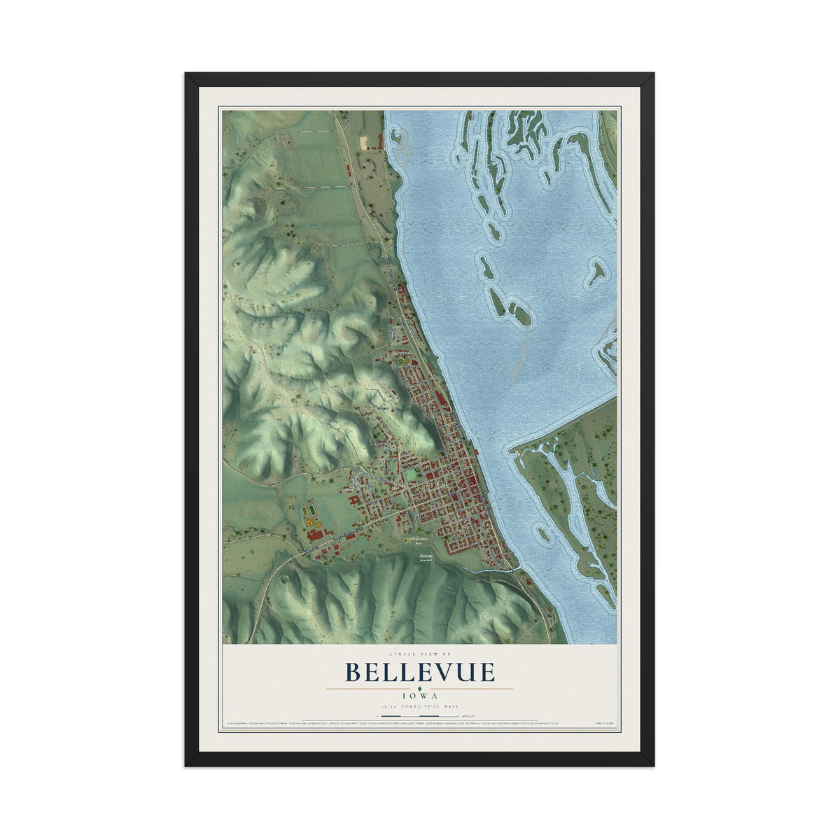 Map of Bellevue, Iowa, 12 x 18 inch print in a black wood frame