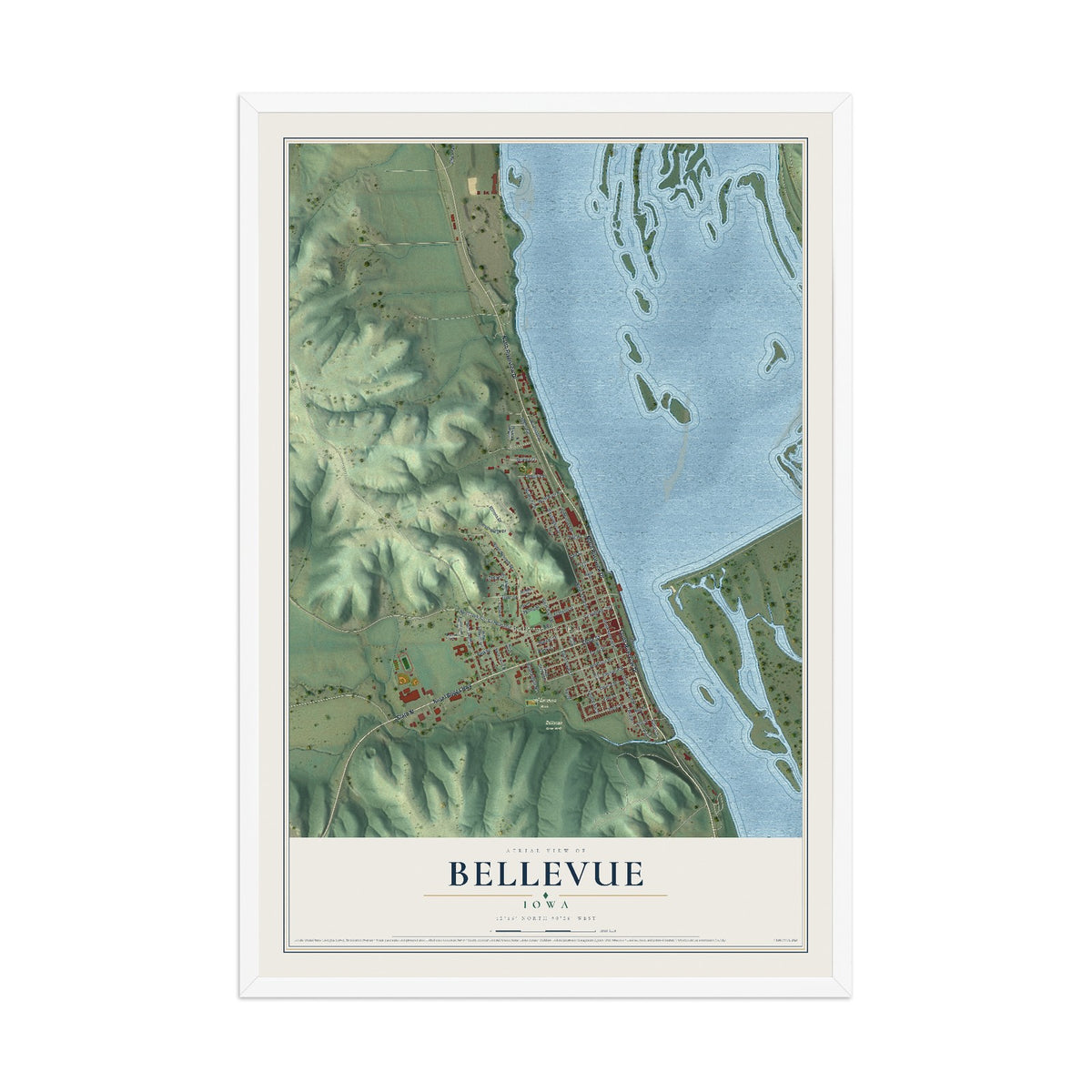 Map of Bellevue, Iowa, 12 x 18 inch print in a white wood frame