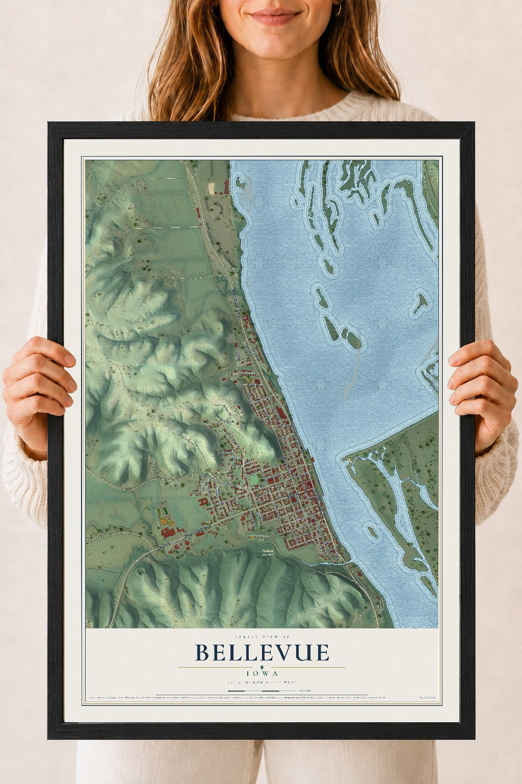 Map of Bellevue, Iowa, 18 x 24 inch print in a black wood frame