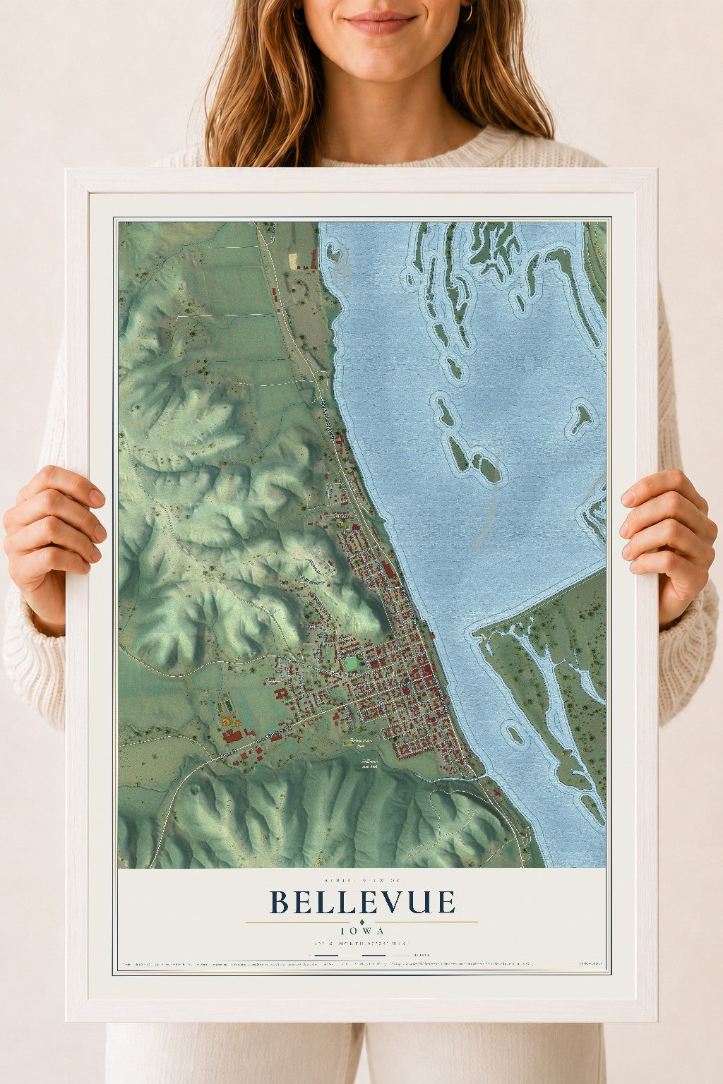 Map of Bellevue, Iowa, 18 x 24 inch print in a white wood frame