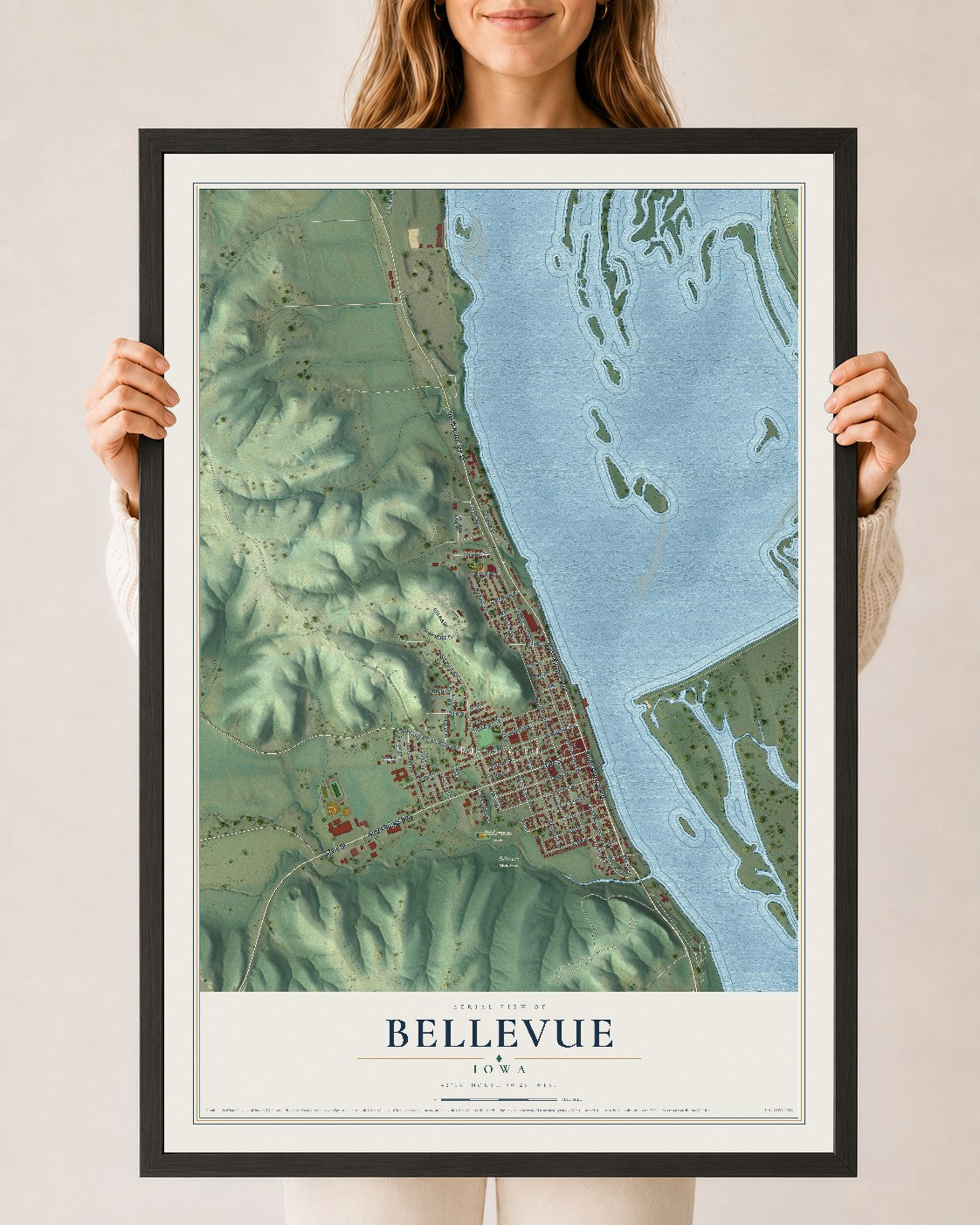 Map of Bellevue, Iowa, 24 x 36 inch print in a black wood frame