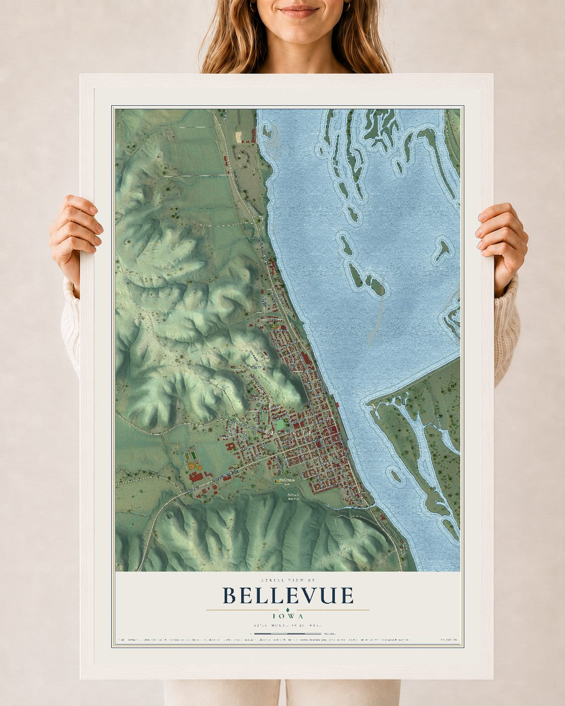 Map of Bellevue, Iowa, 24 x 36 inch print in a white wood frame