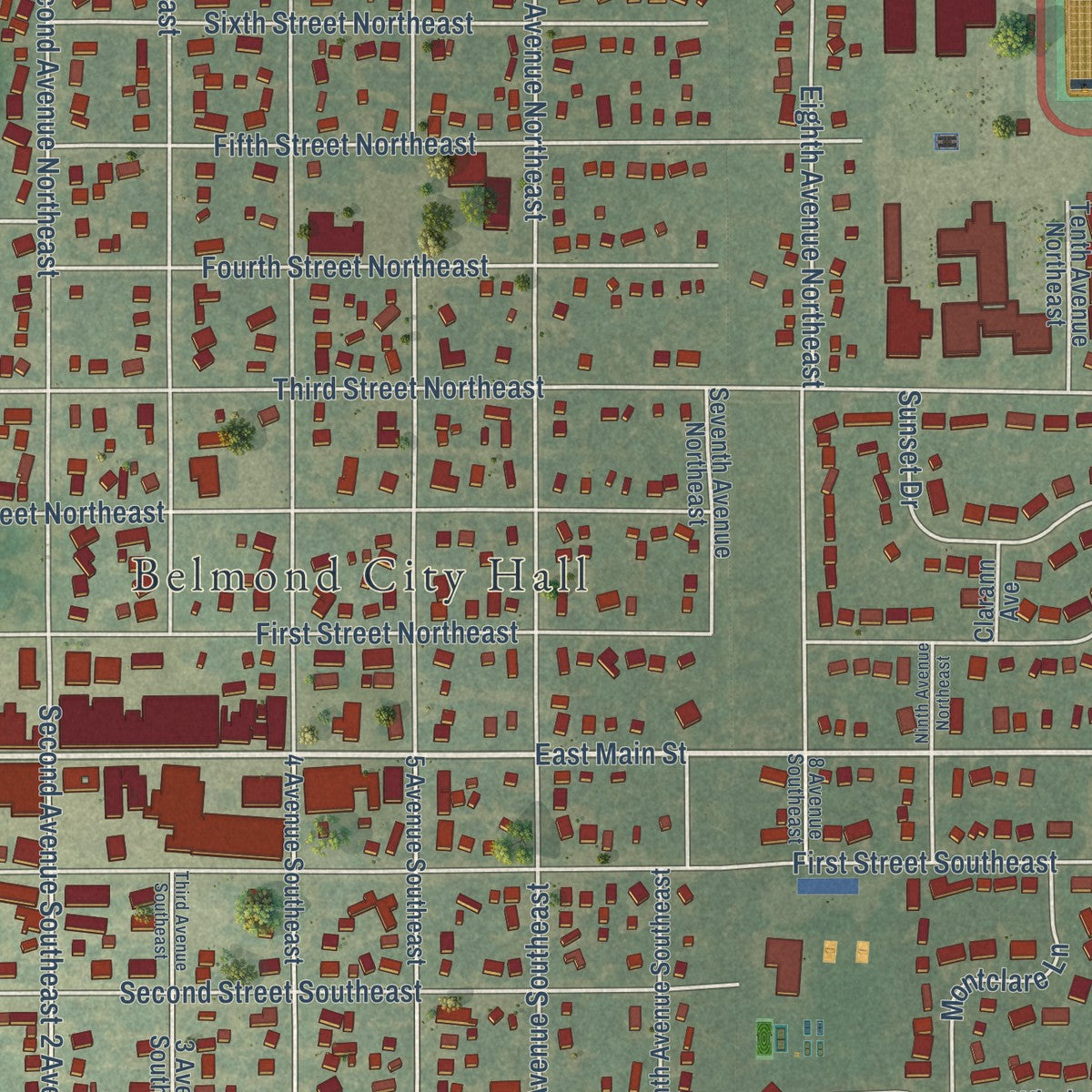 Close-up of the map of Belmond, Iowa print showing street and building detail