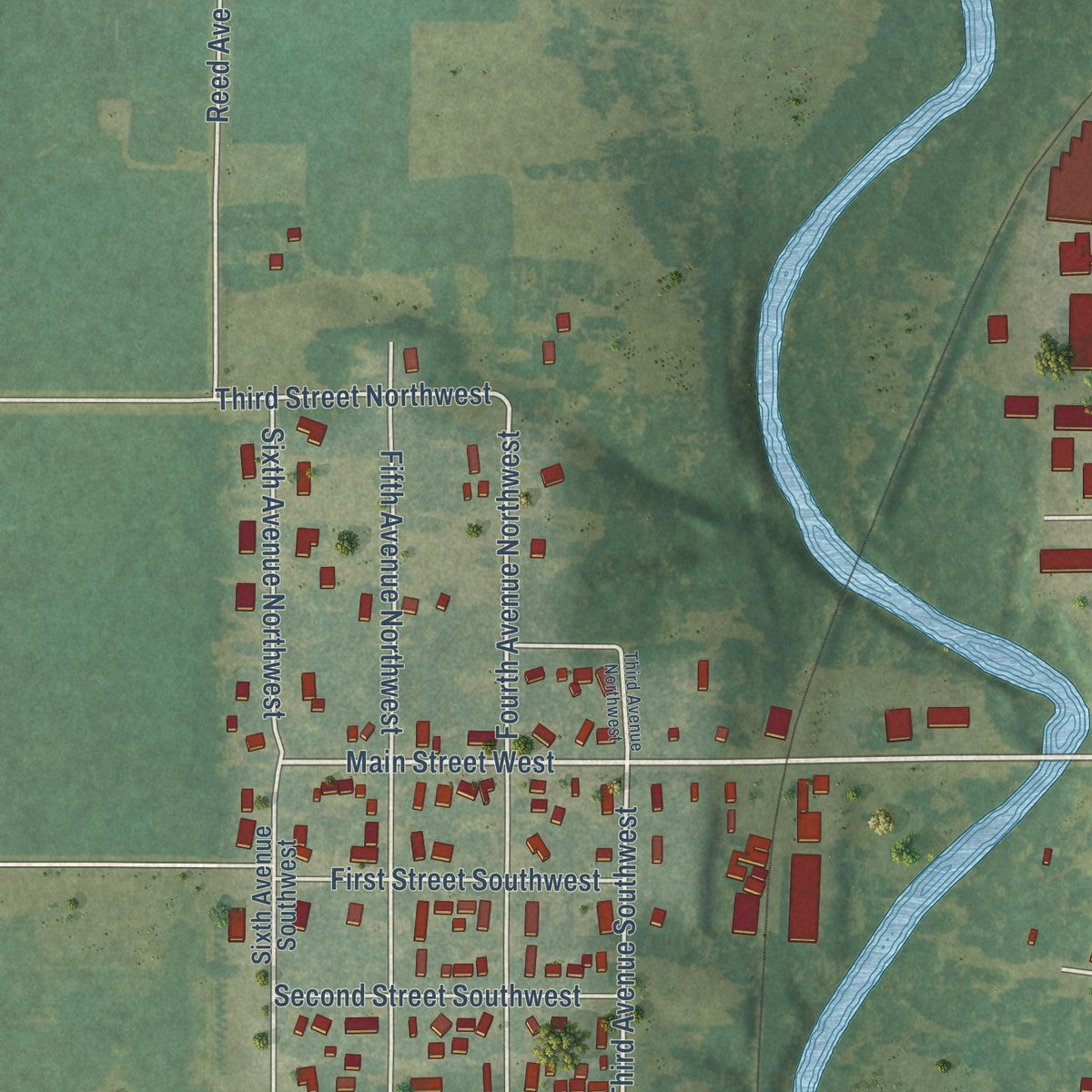 Second close-up of the map of Belmond, Iowa print showing more streets and buildings
