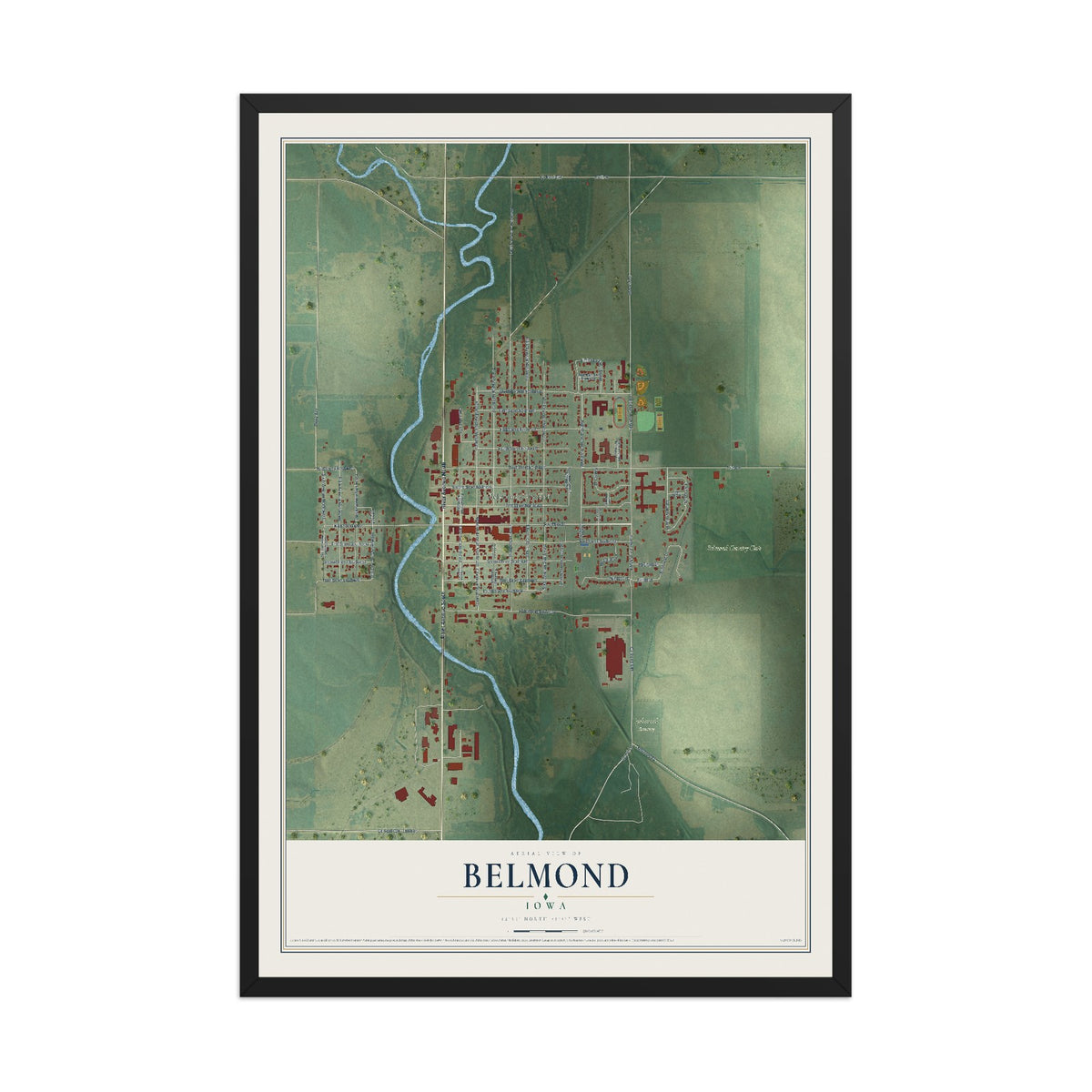 Map of Belmond, Iowa, 12 x 18 inch print in a black wood frame